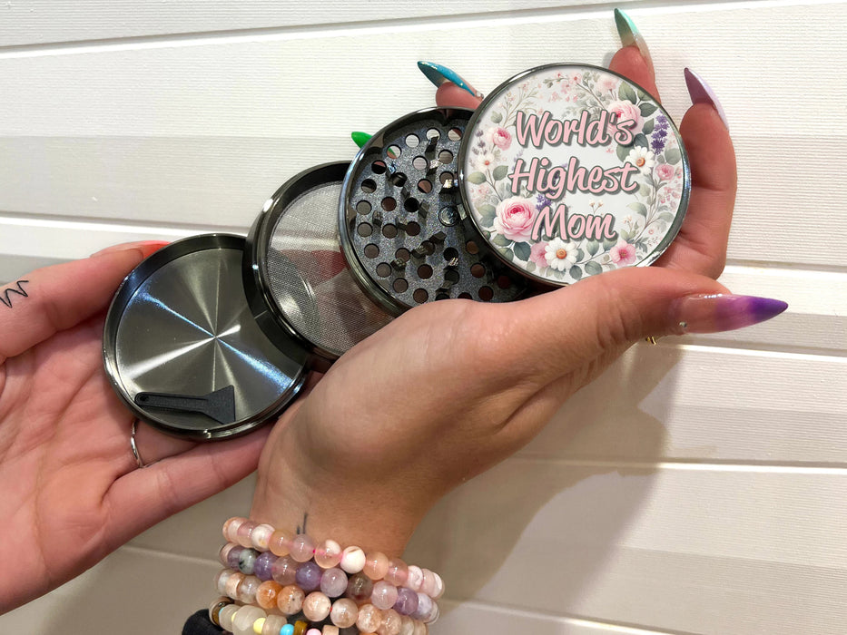 World's Highest Mom Premium Herb Grinder, 2.5 Inch Spice and Herb Crusher, Mother's Day Gift, Gift For Smoker Mom, Tobacco Herb Grinder