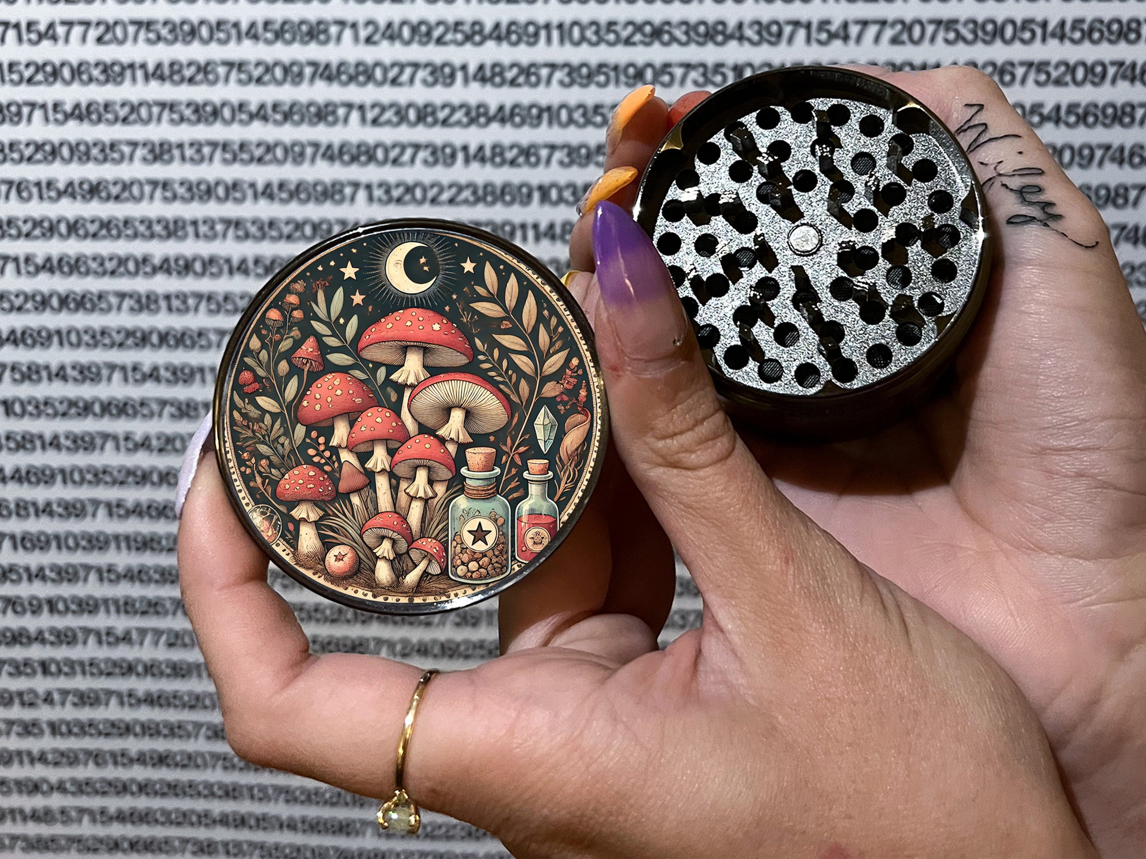 Magic Girly Grinder 2.5" - Beautiful Herb & Spices Crusher - Cute Moon Mushrooms Design, Extra Large 5 Piece Spice Herb...
