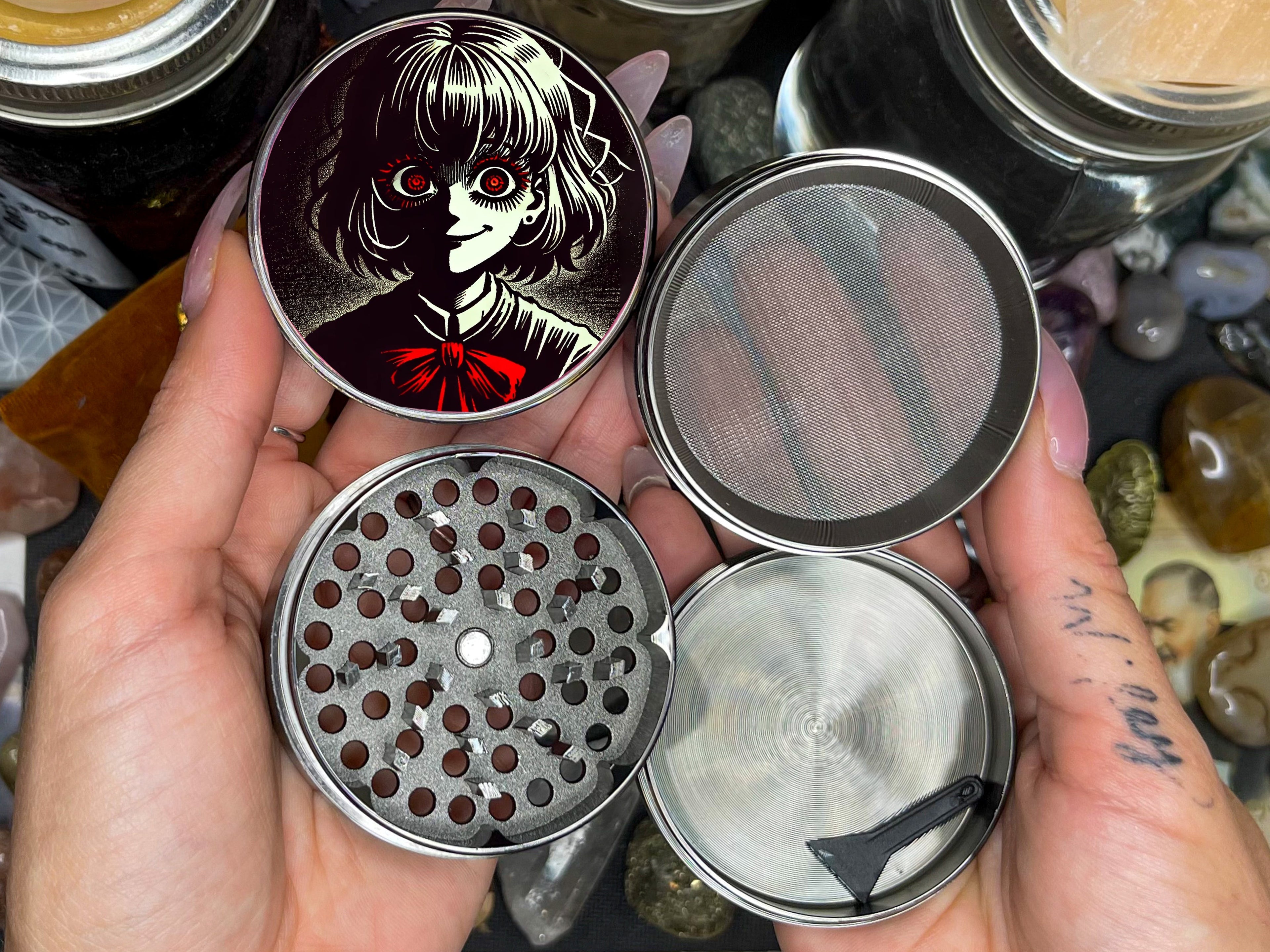 Anime-style horror Herb and Spice Grinder featuring a female character, Extra Large 5 Piece Spice Tobacco Herb Grinder