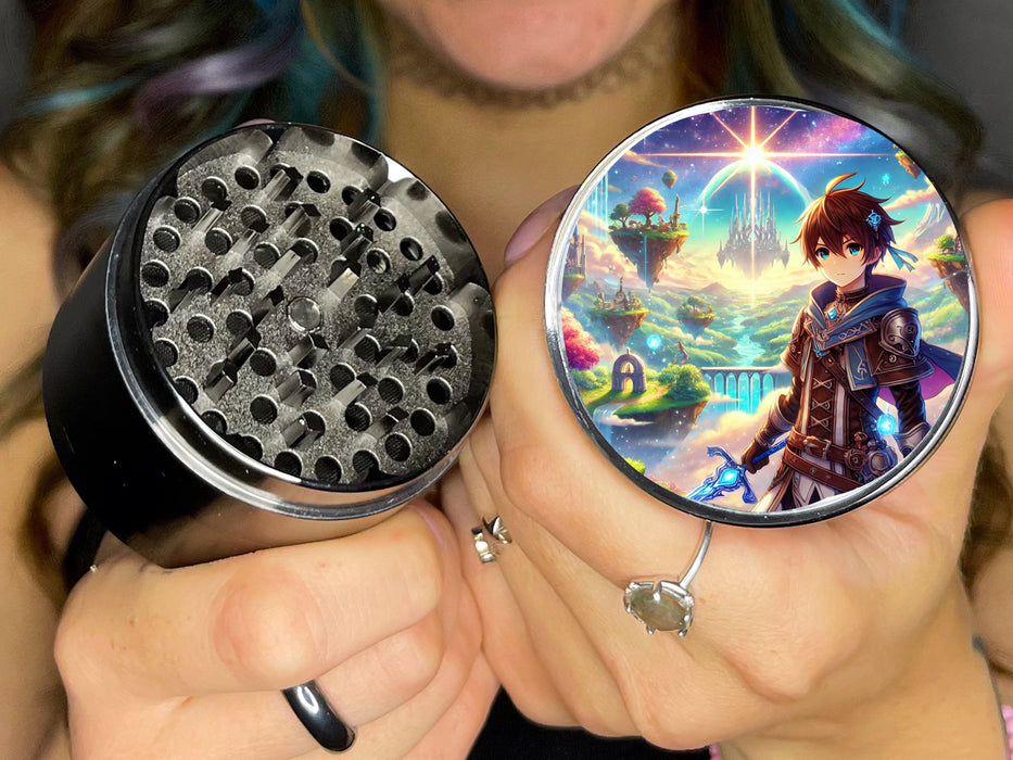 Isekai-inspired anime Herb Grinder featuring a young hero in a vibrant, magical world, Extra Large 5 Piece Spice Tobacco Herb Grinder