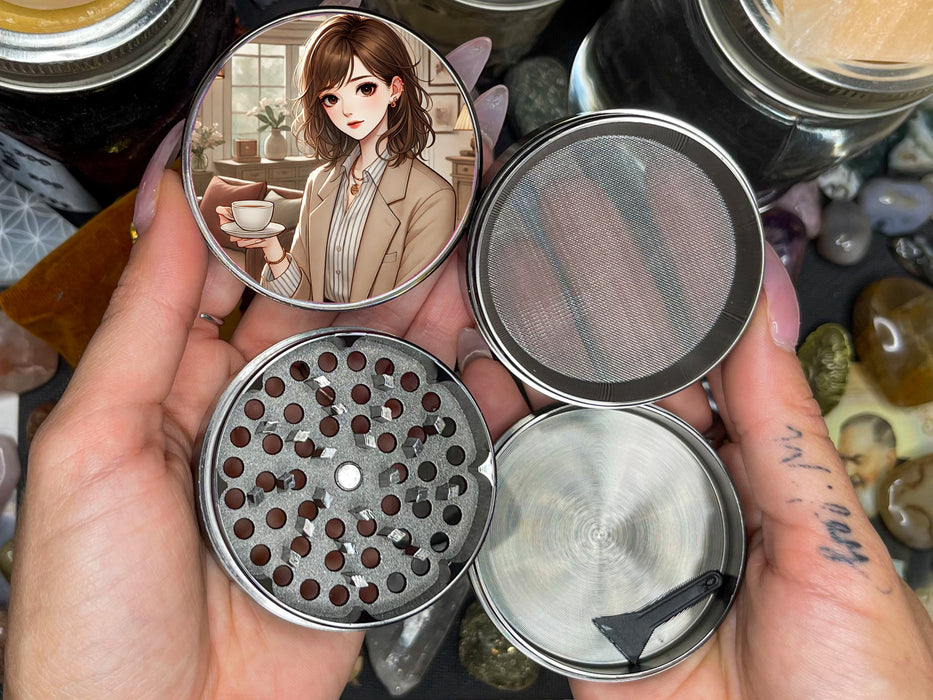 Josei-style anime Herb Grinder, capturing a realistic and introspective mood, Extra Large 5 Piece Spice Tobacco Herb Grinder