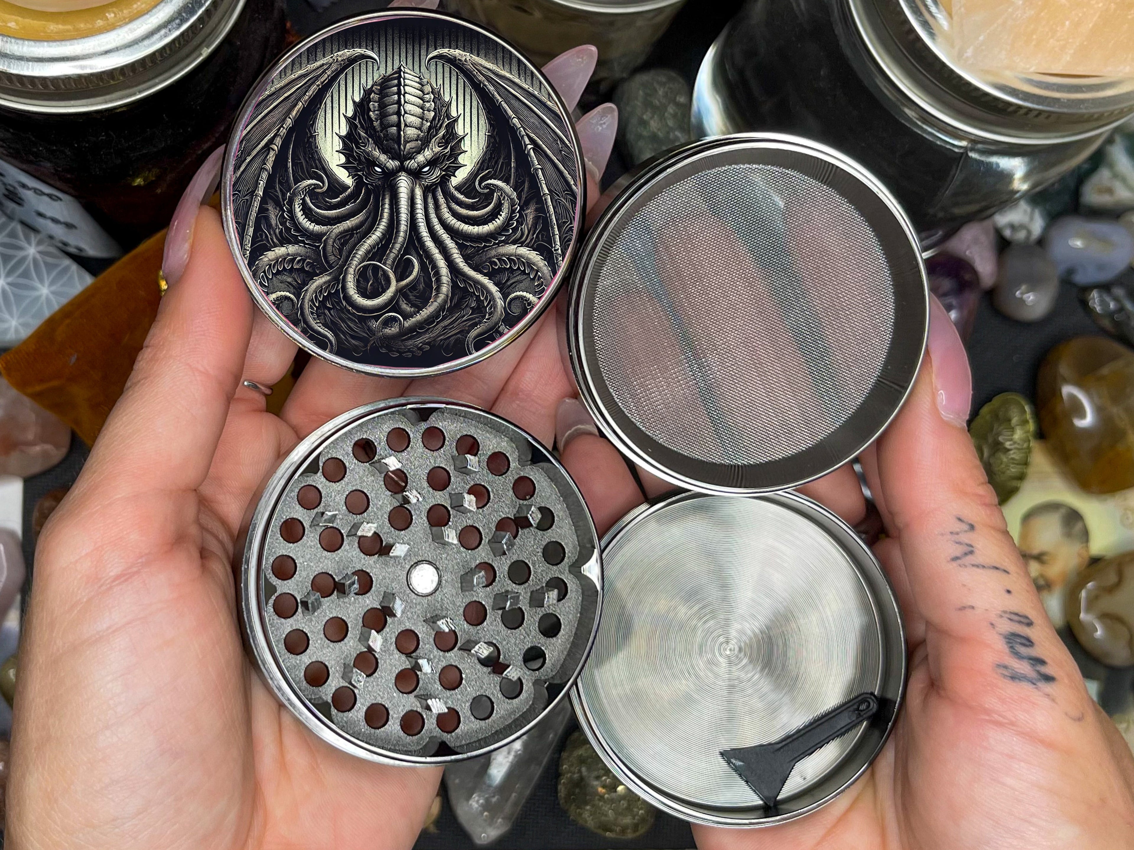 Herb Grinder, Cthulhu, capturing a dark and ominous atmosphere, Extra Large 5 Piece Spice Herb Grinder