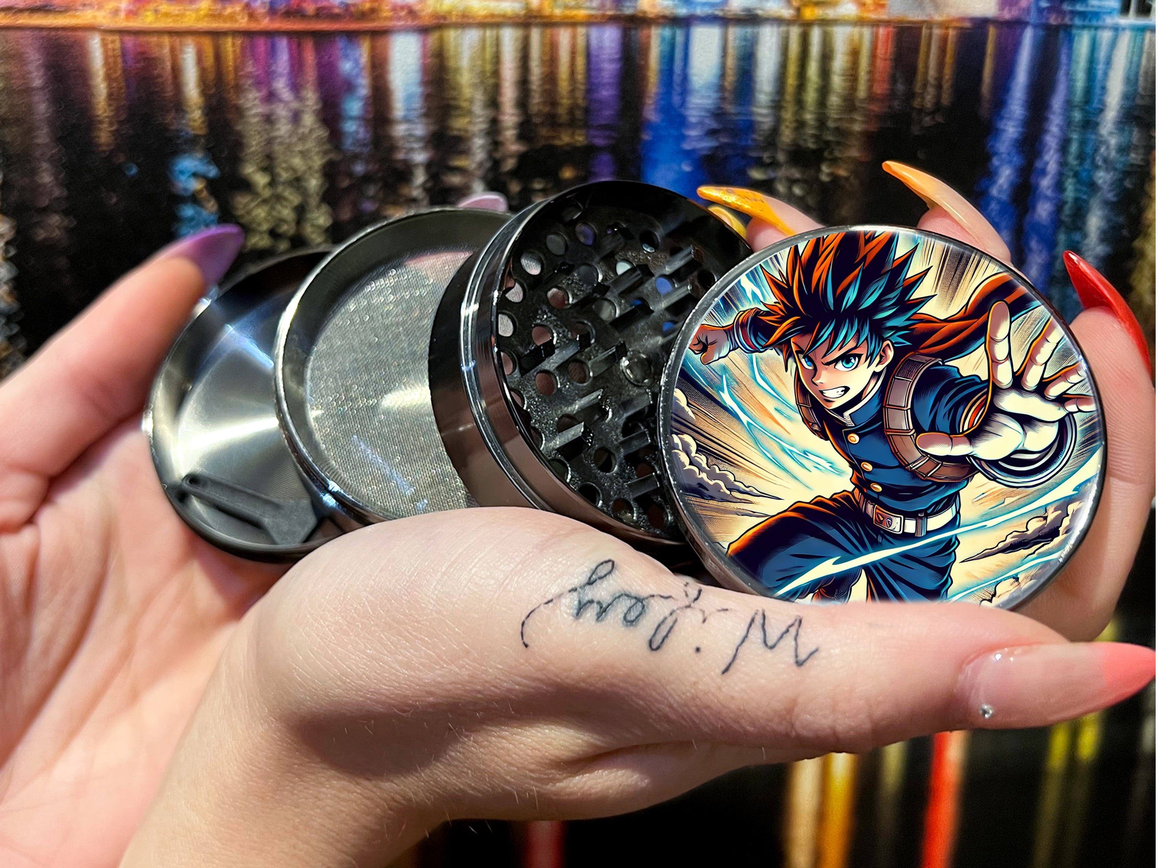 Shōnen-style anime Herb Grinder featuring a young hero in a powerful, dynamic pose, Extra Large 5 Piece Spice Tobacco Herb Grinder