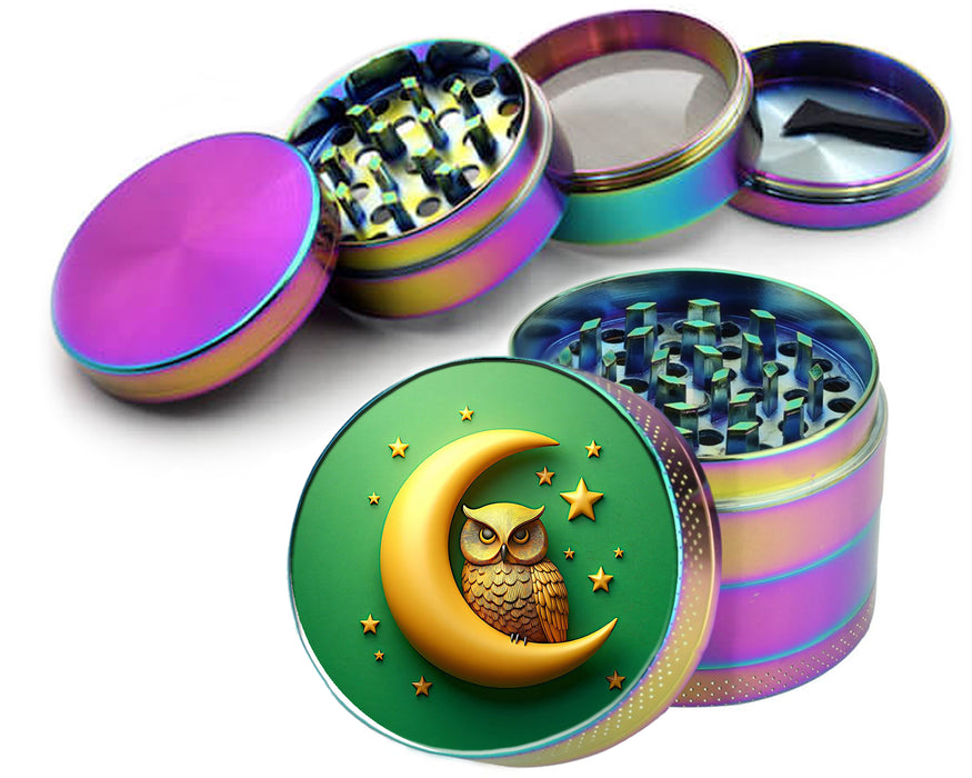 Owl Perched On A Golden Moon Spice Grinder Rainbow Grinder