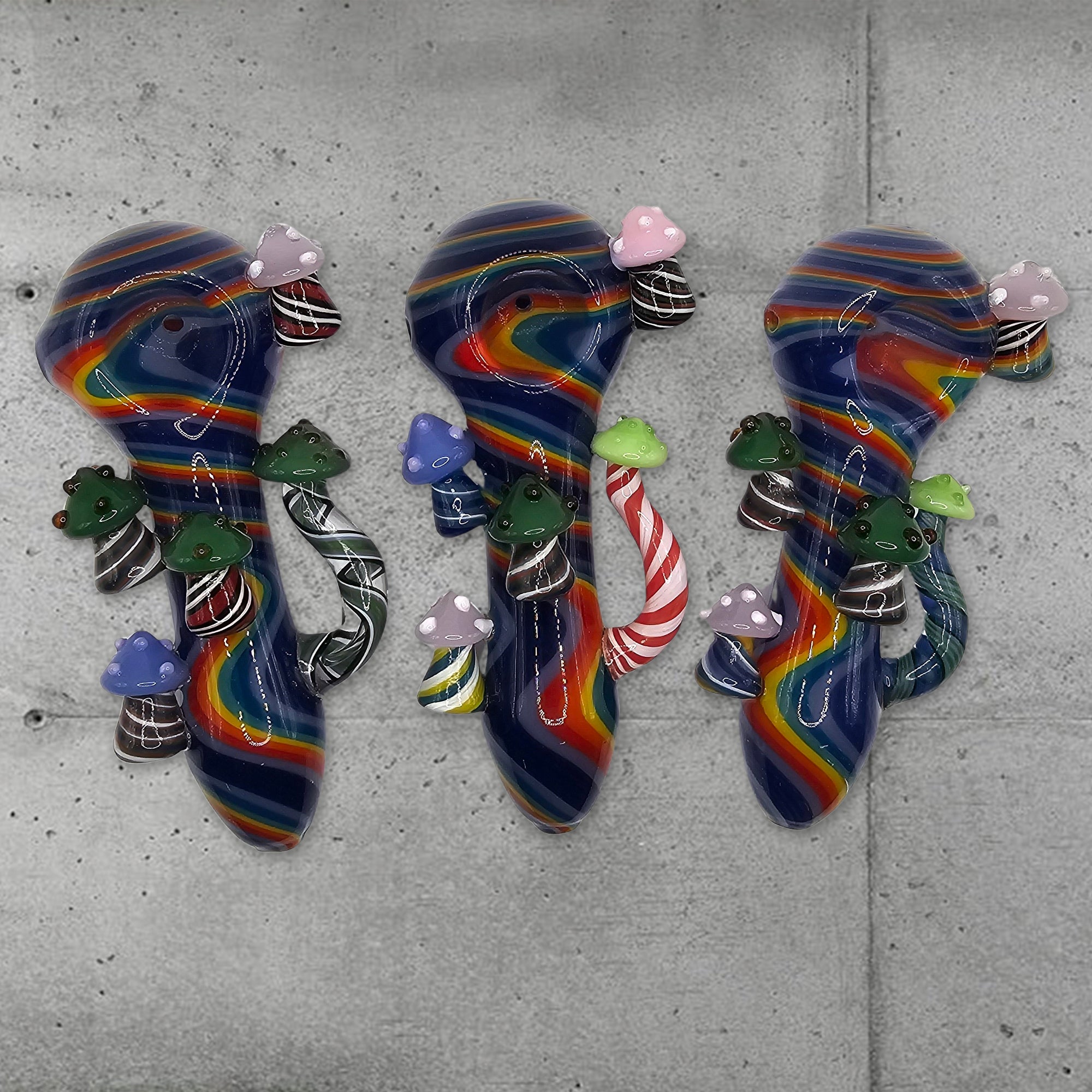 Glass Mushroom Art Piece - Hand-Blown Rainbow Swirl with 3D Glass Mushrooms, 5 Inch Collectible