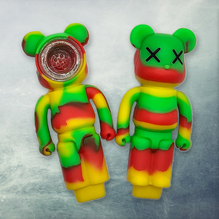 Urban Graffiti Bear Silicone Pipe – X-Eyes Design, 4.5" with Glass Bowl