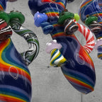 Glass Mushroom Art Piece - Hand-Blown Rainbow Swirl with 3D Glass Mushrooms, 5 Inch Collectible