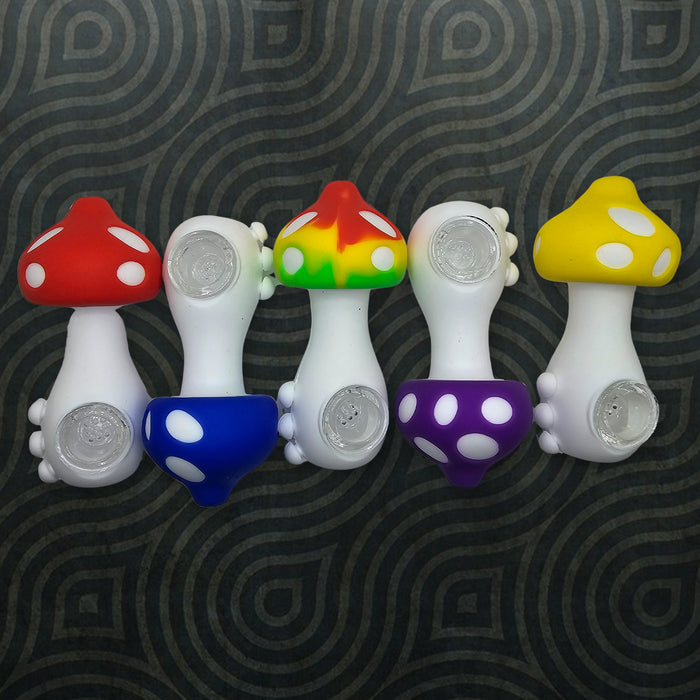 Colorful Mushroom Silicone Pipe – 4.5" with Glass Bowl & Ergonomic Grip