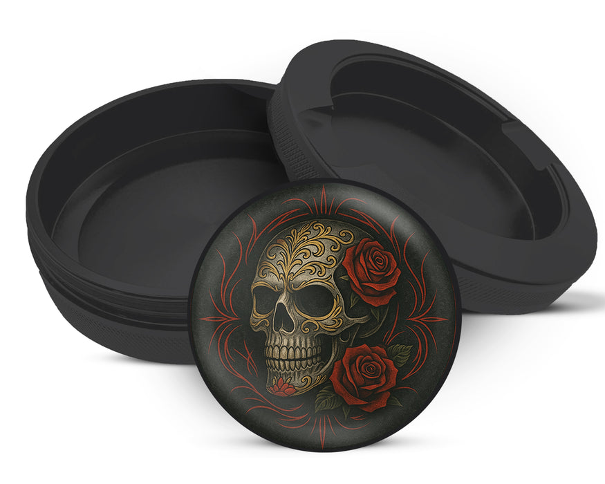 Snus Storage Case Dark Skull with Red Roses Gothic Ink Style Black