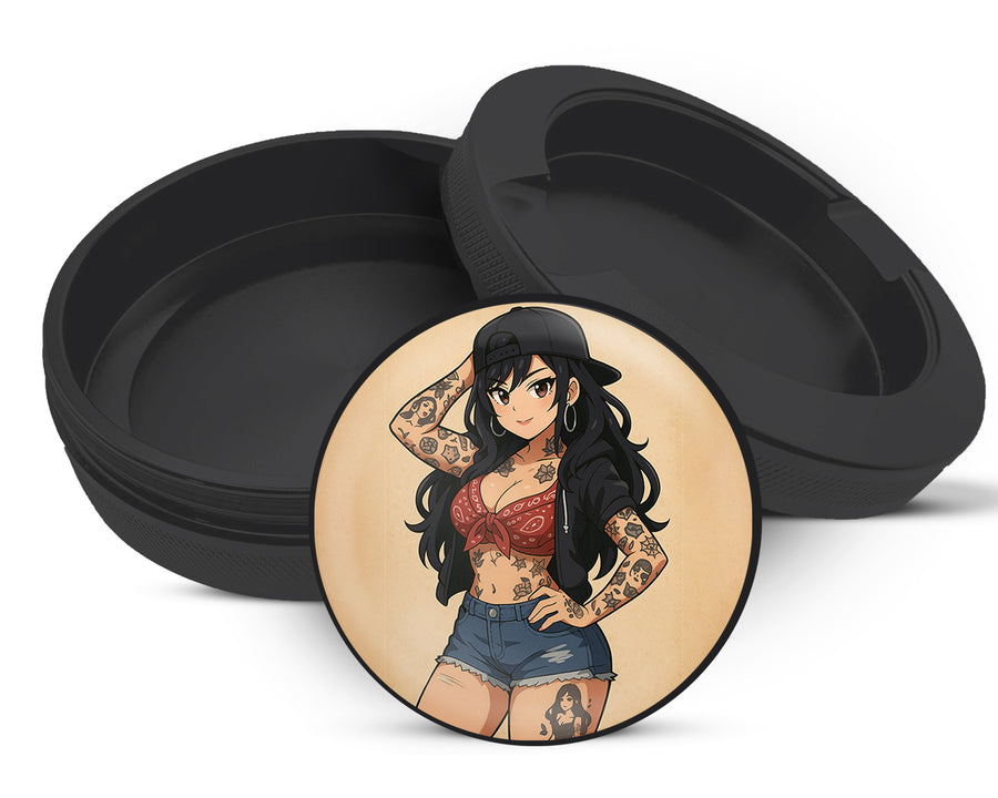 Snus Storage Case Anime Retro Pin-Up Girl with Long Hair and Tattoos Black
