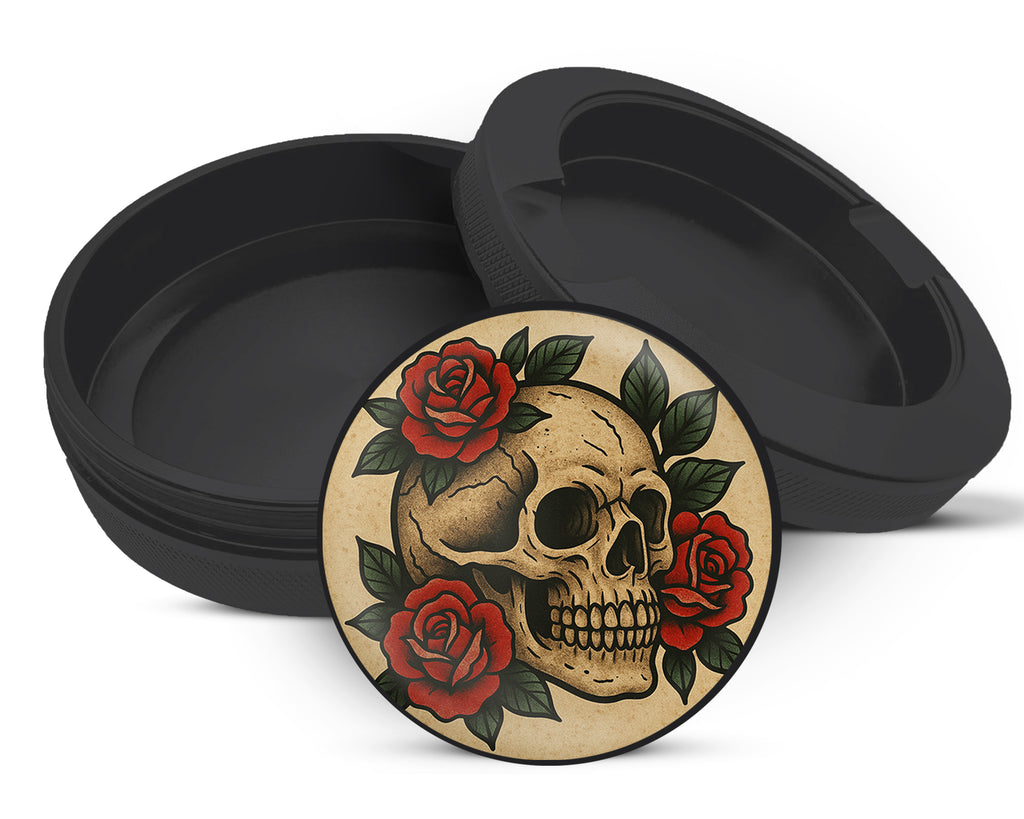 Snus Storage Case Skull with Red Roses Tattoo Flash Style Black