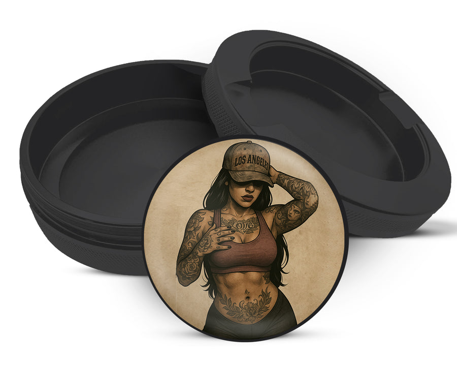 Snus Storage Case Tough Tattooed Woman with Bandana Pin-Up Vibes Black