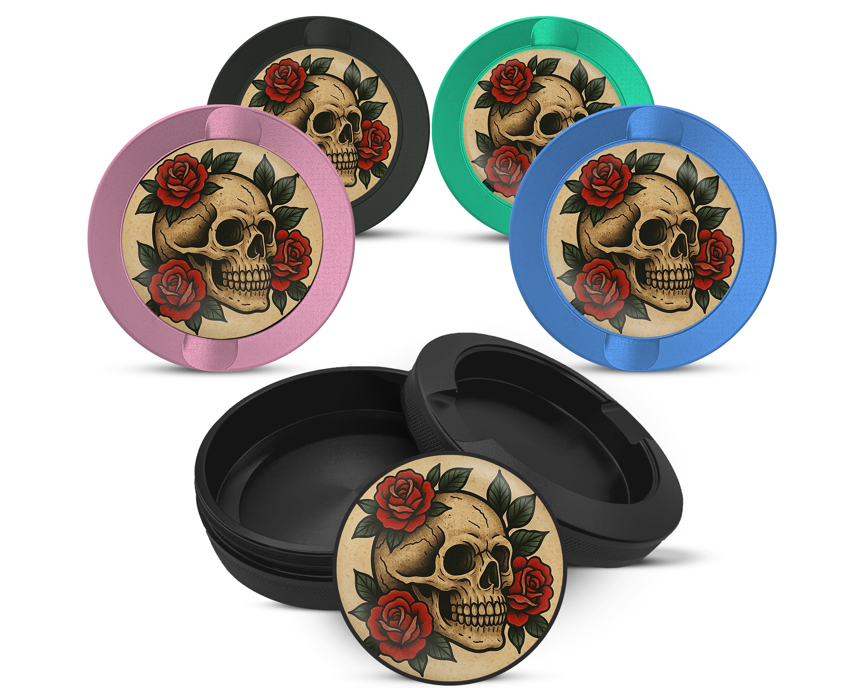 Snus Storage Case Skull with Red Roses Tattoo Flash Style 