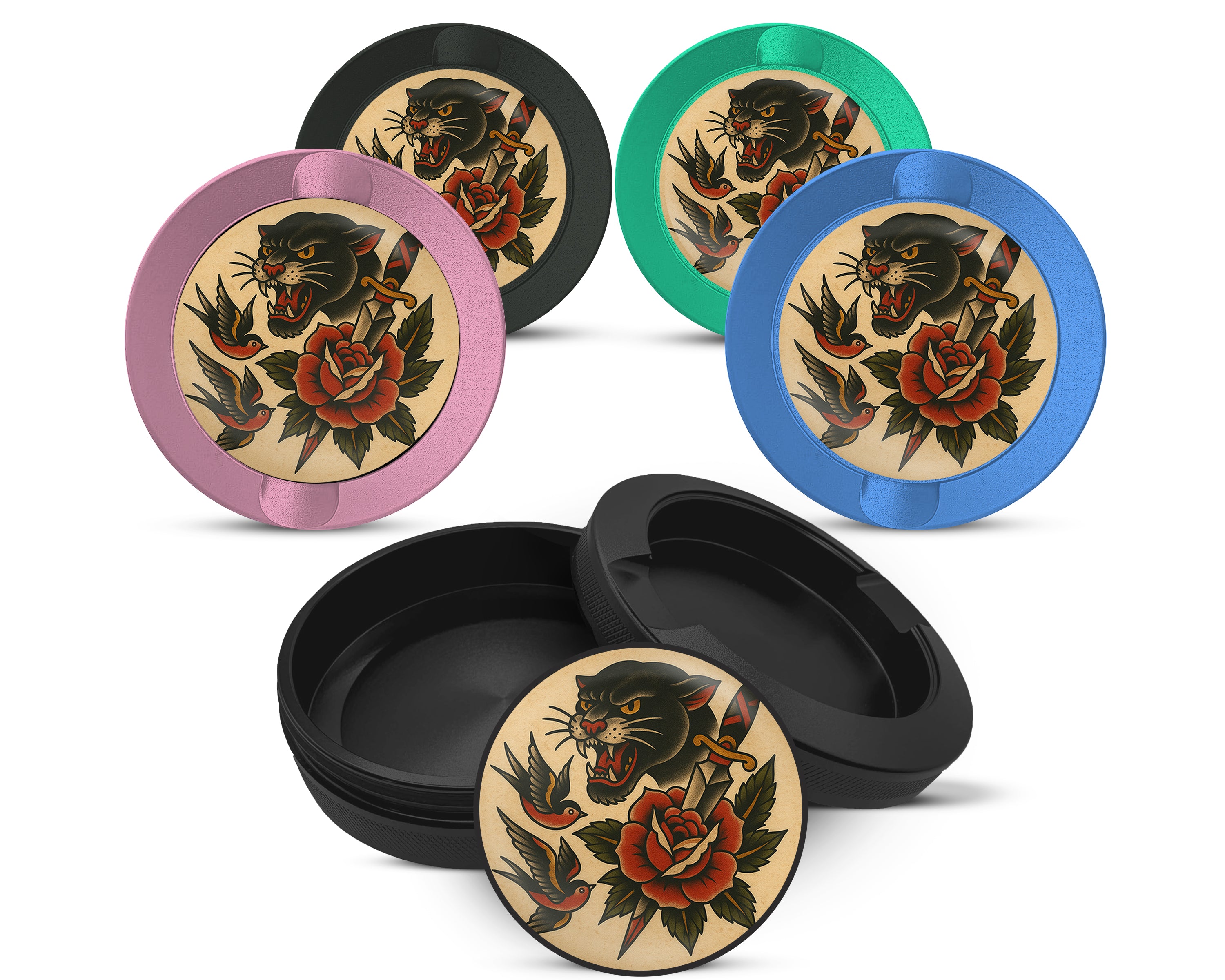Snus Storage Case Classic Skull and Roses Flash Tattoo Design 