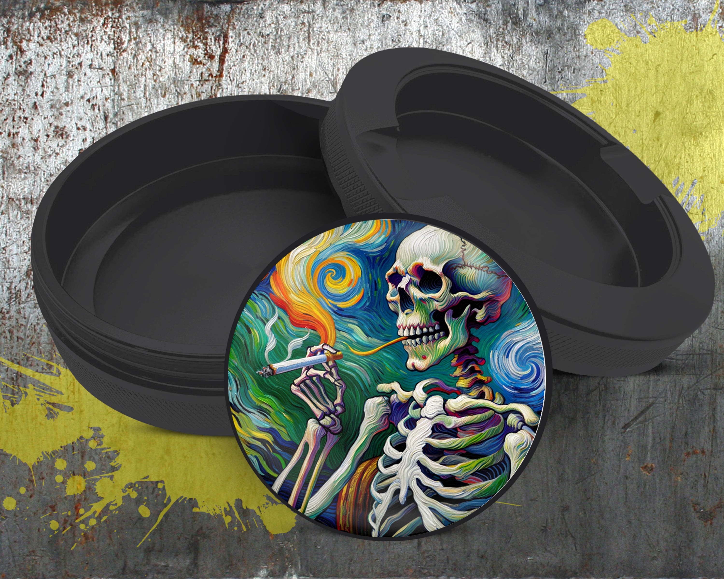 Skeleton Grinder Van Gogh Style Snus Storage Case Bottle Opener