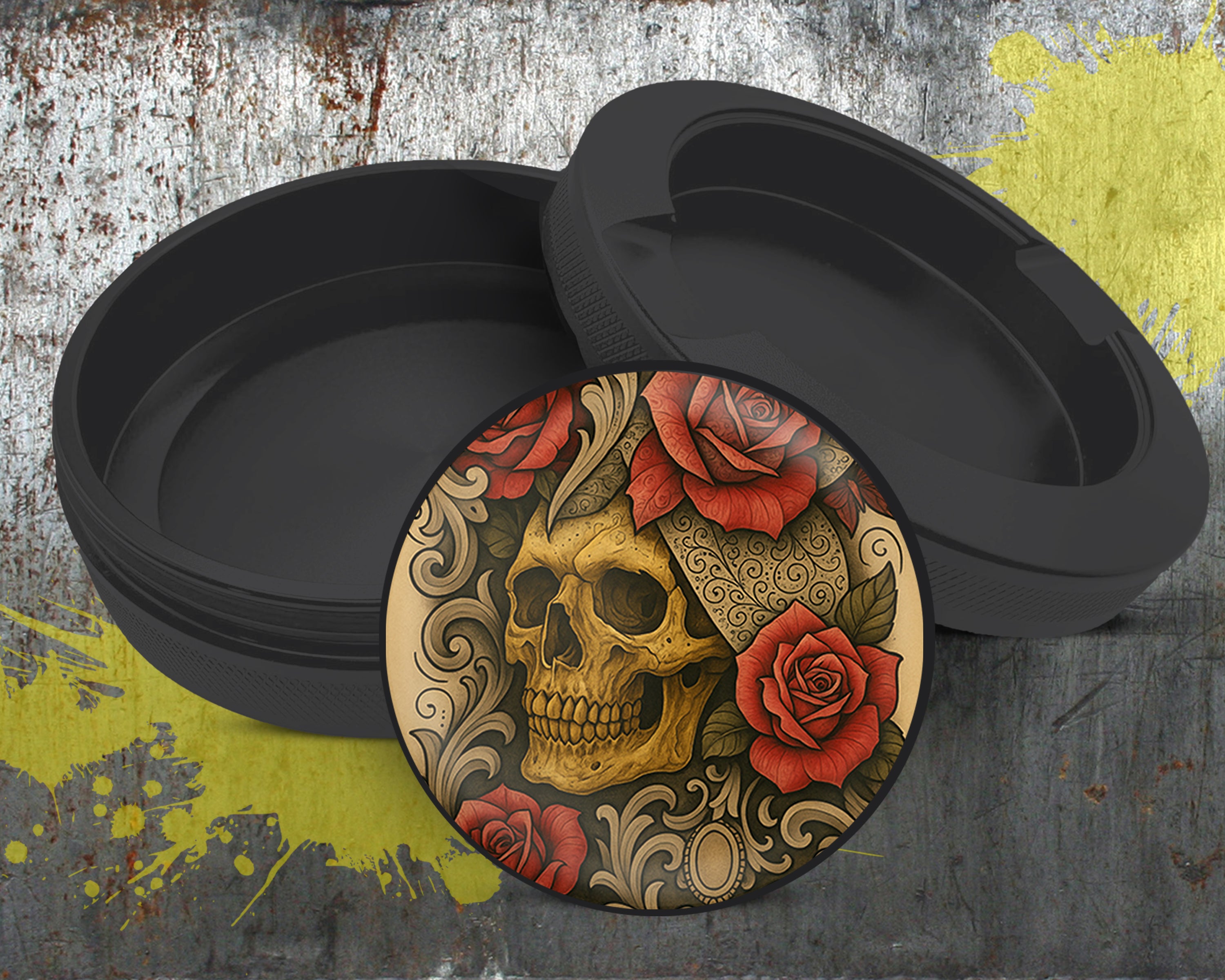 Grunge Skull and Rose Flash Art Circle Design Snus Storage Case Bottle Opener