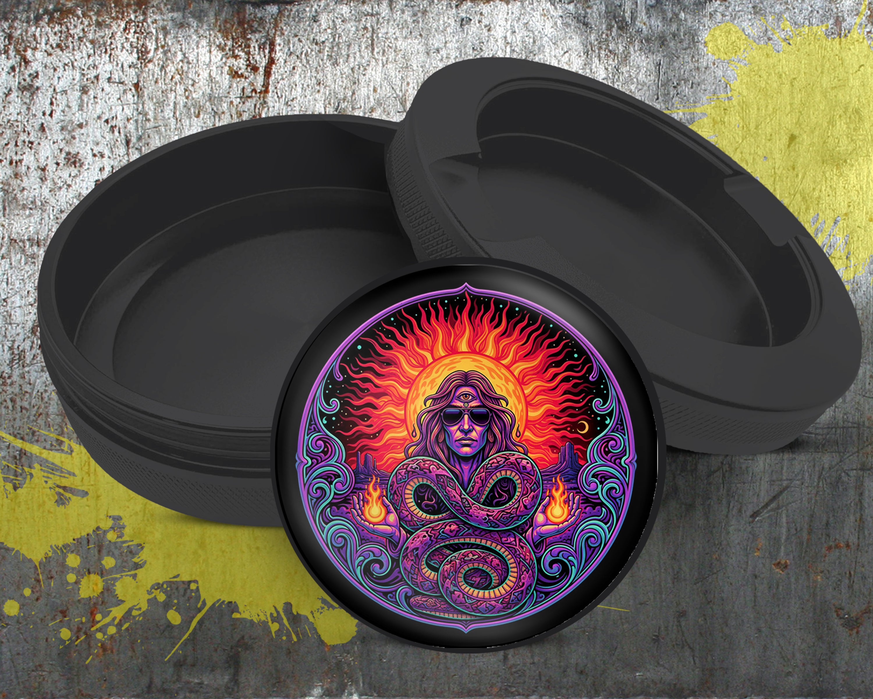 Psychedelic Serpent Sun Shaman Snus Storage Case Bottle Opener