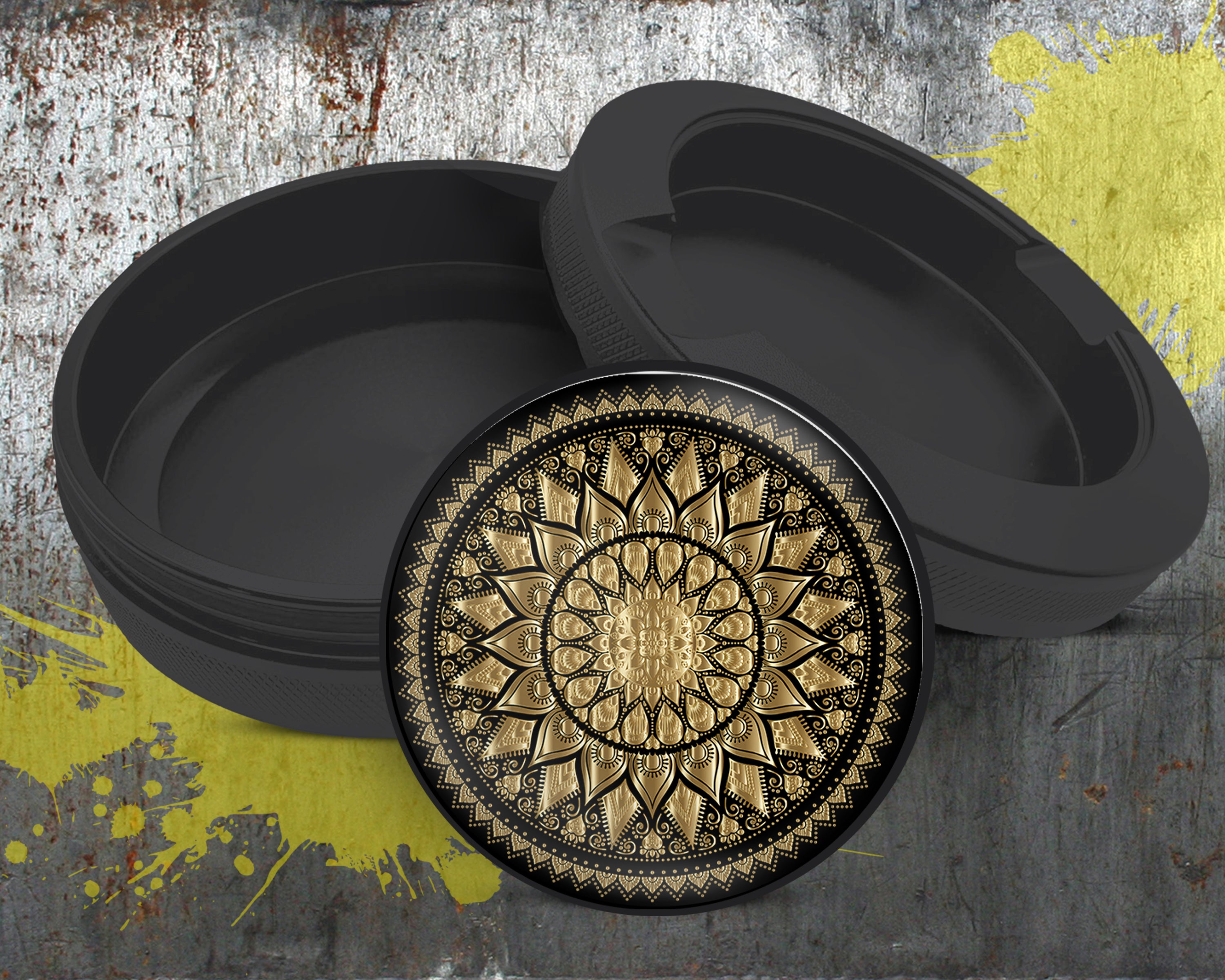 Mandala Grinder Black And Gold Snus Storage Case Bottle Opener