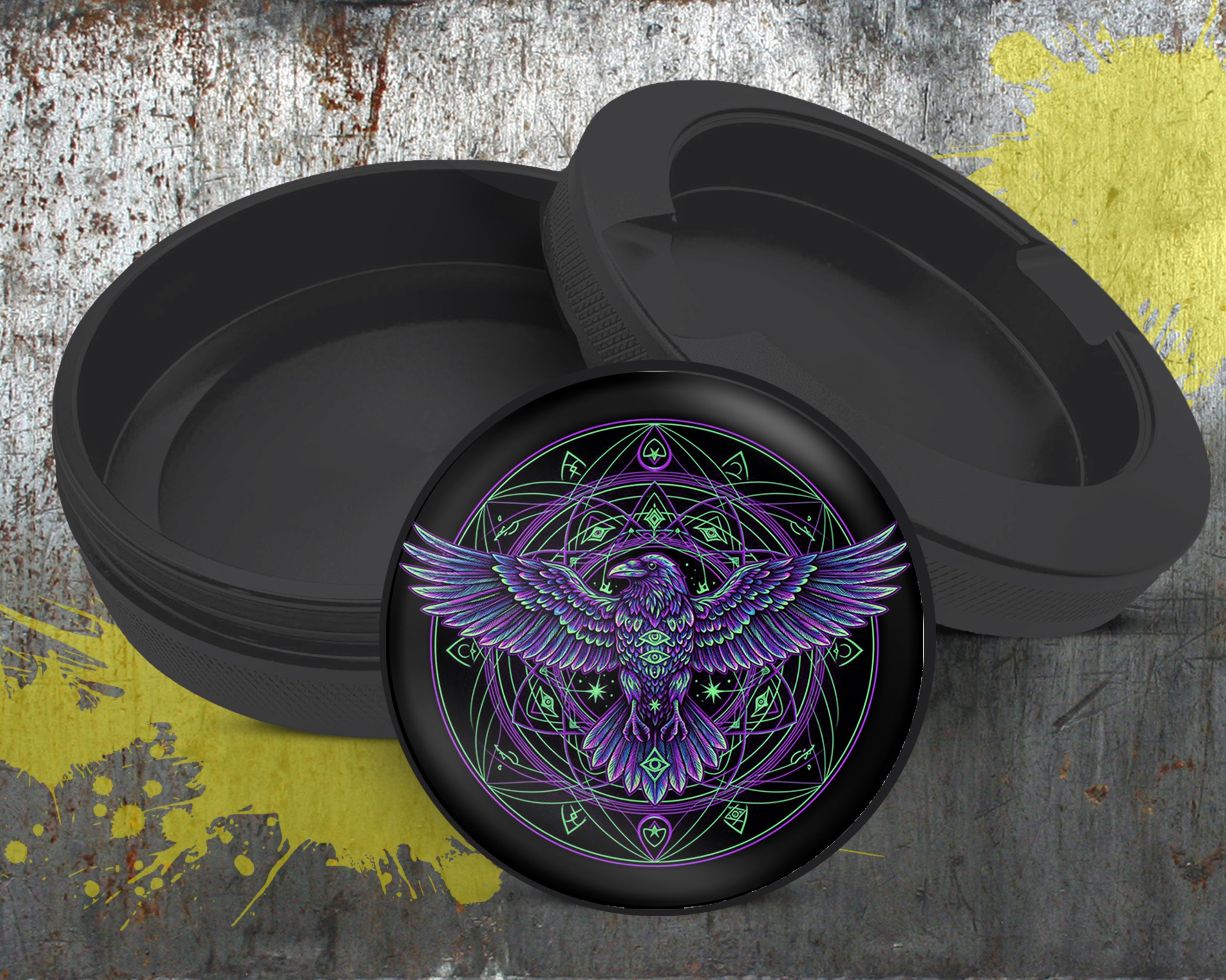 Psychedelic Raven Sigil Circle Snus Storage Case Bottle Opener