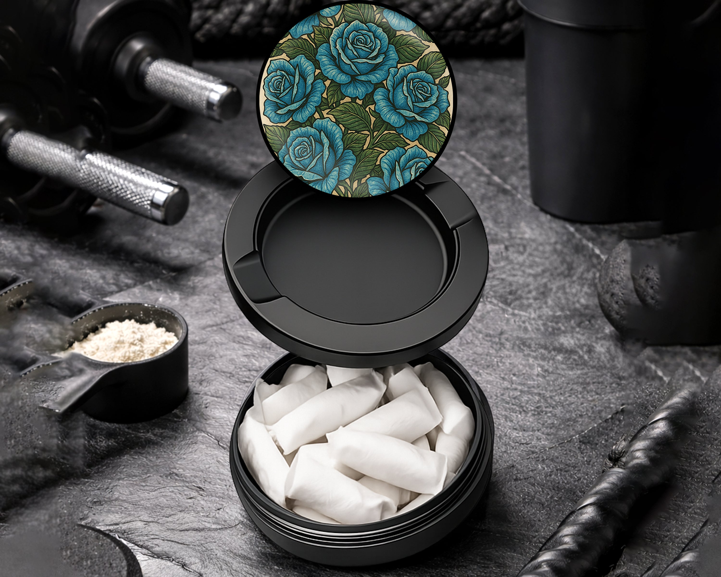 Snus Storage Case Blue Vintage Rose Pattern Traditional Style Black