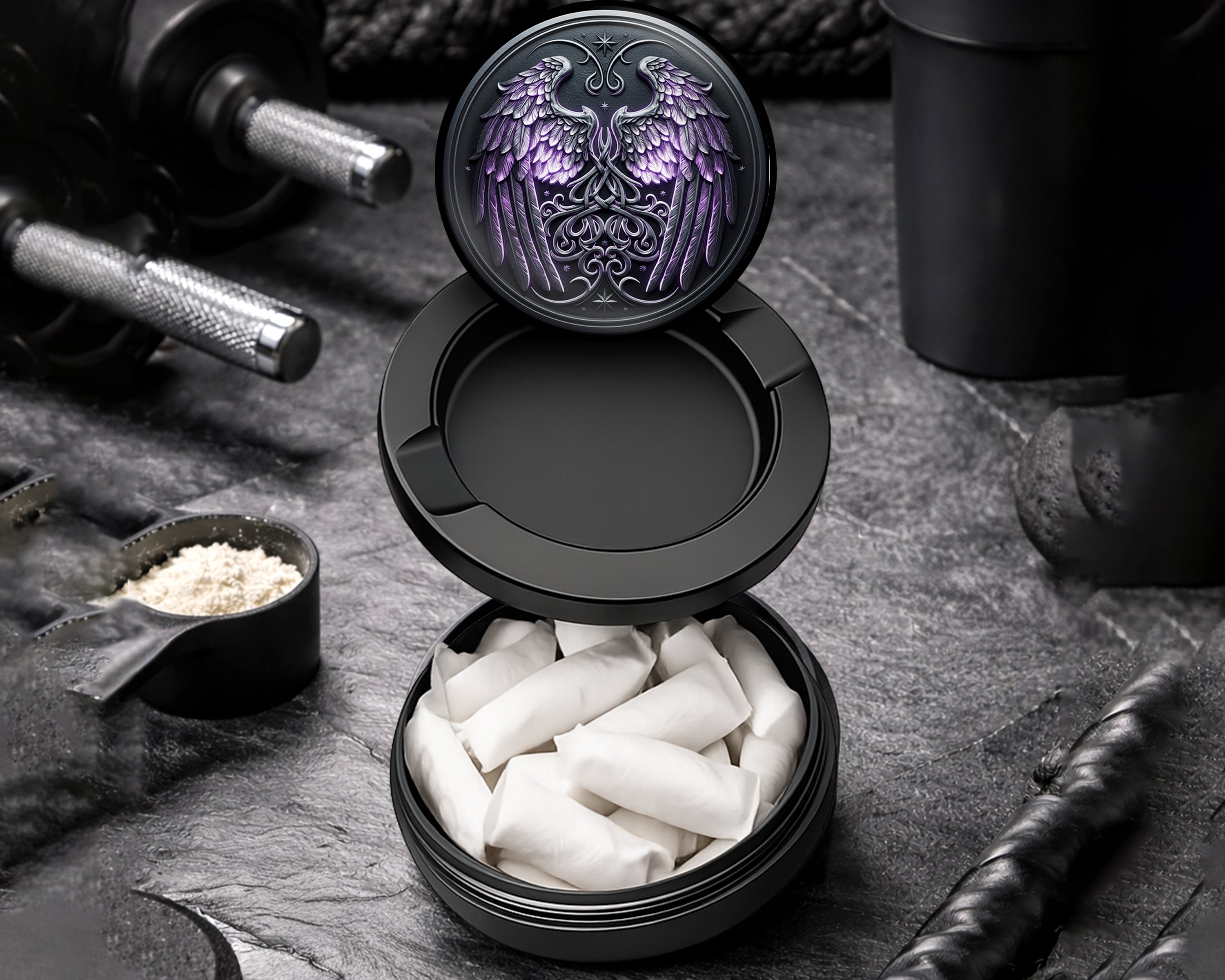 Snus Storage Case Celestial Wings Knotwork Crest Black