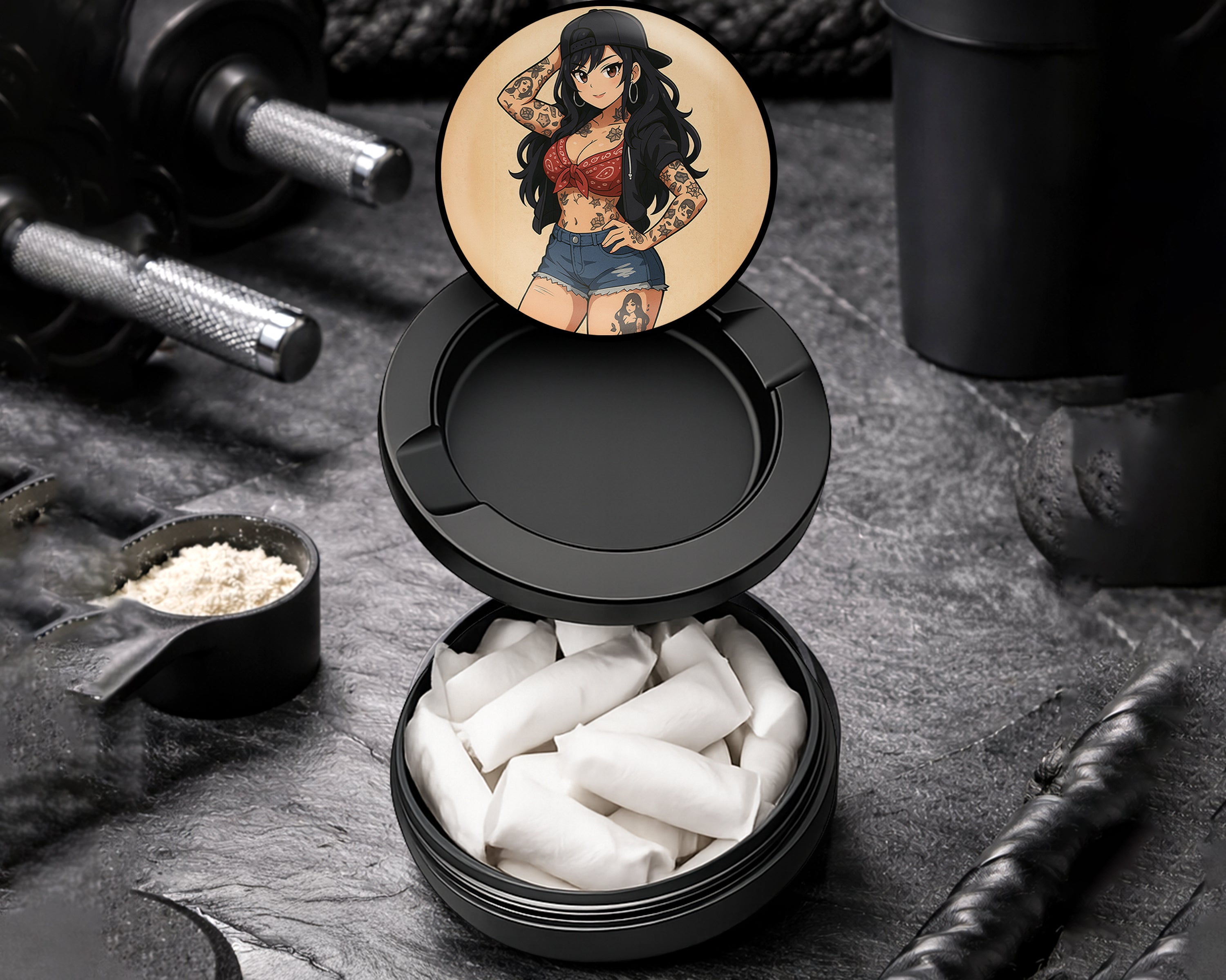 Snus Storage Case Anime Retro Pin-Up Girl with Long Hair and Tattoos Black