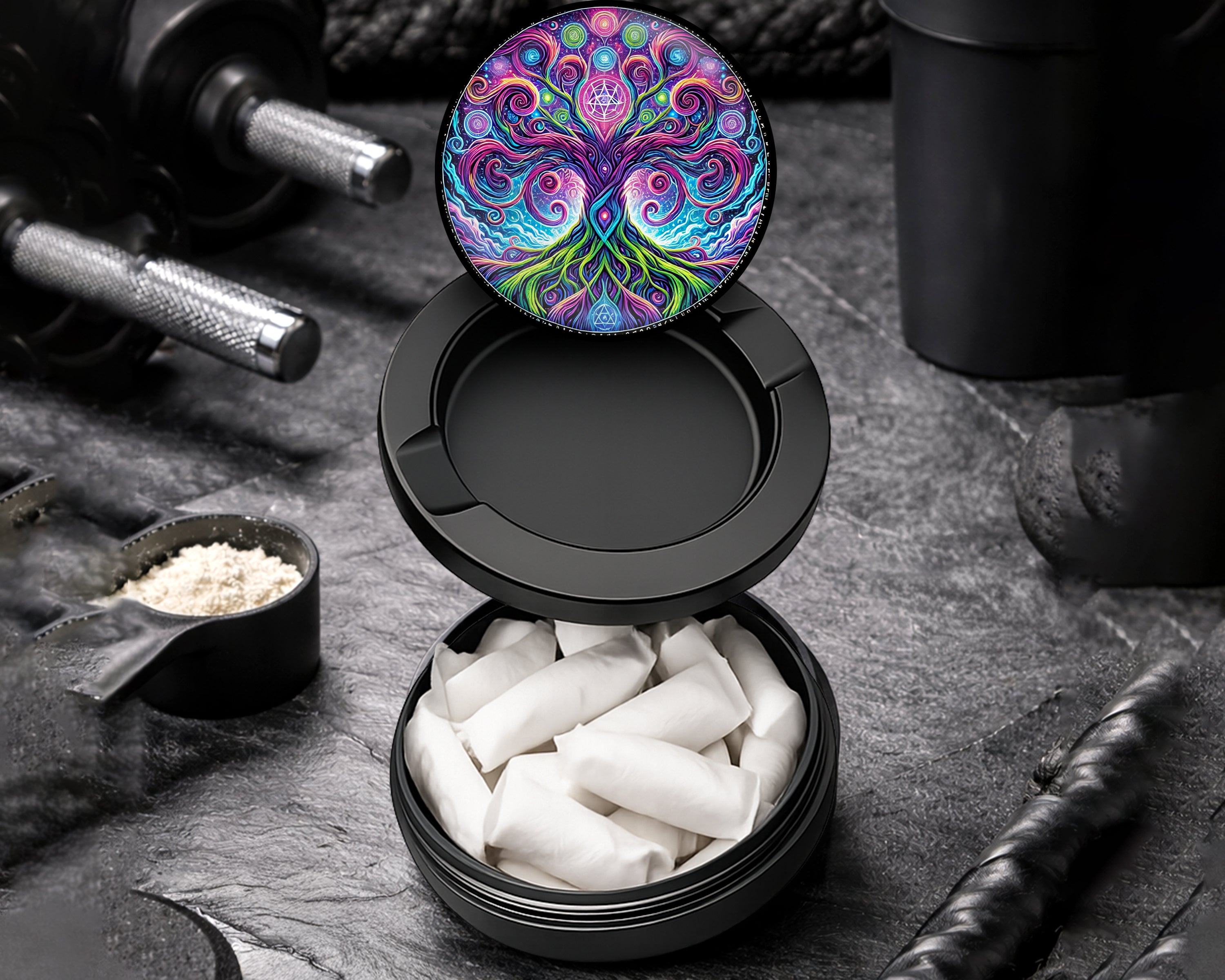Snus Storage Case Psychedelic Yggdrasil, Old Norse Tree Of Life Black