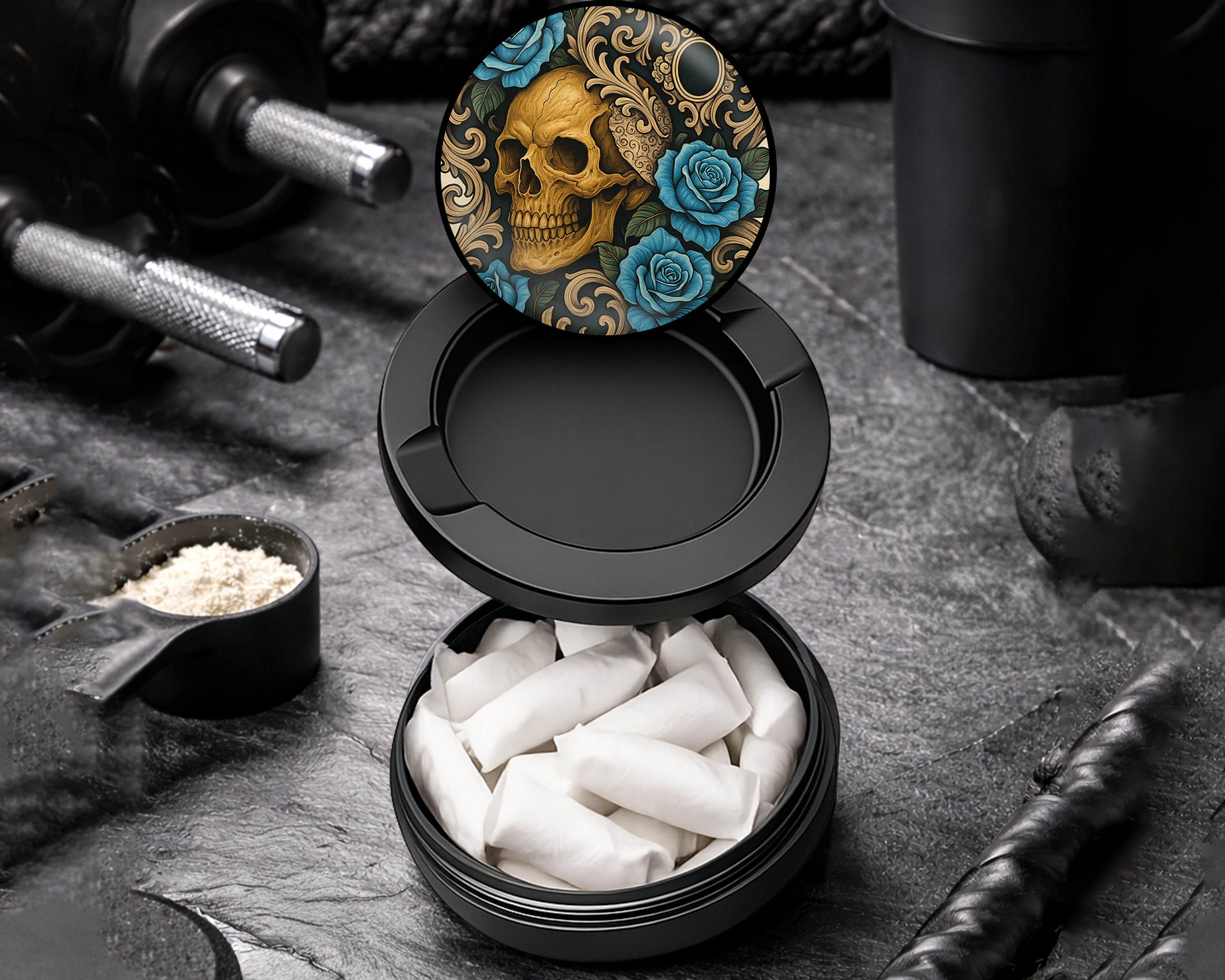 Snus Storage Case Gothic Skull with Roses and Chains Tattoo Aesthetic Black