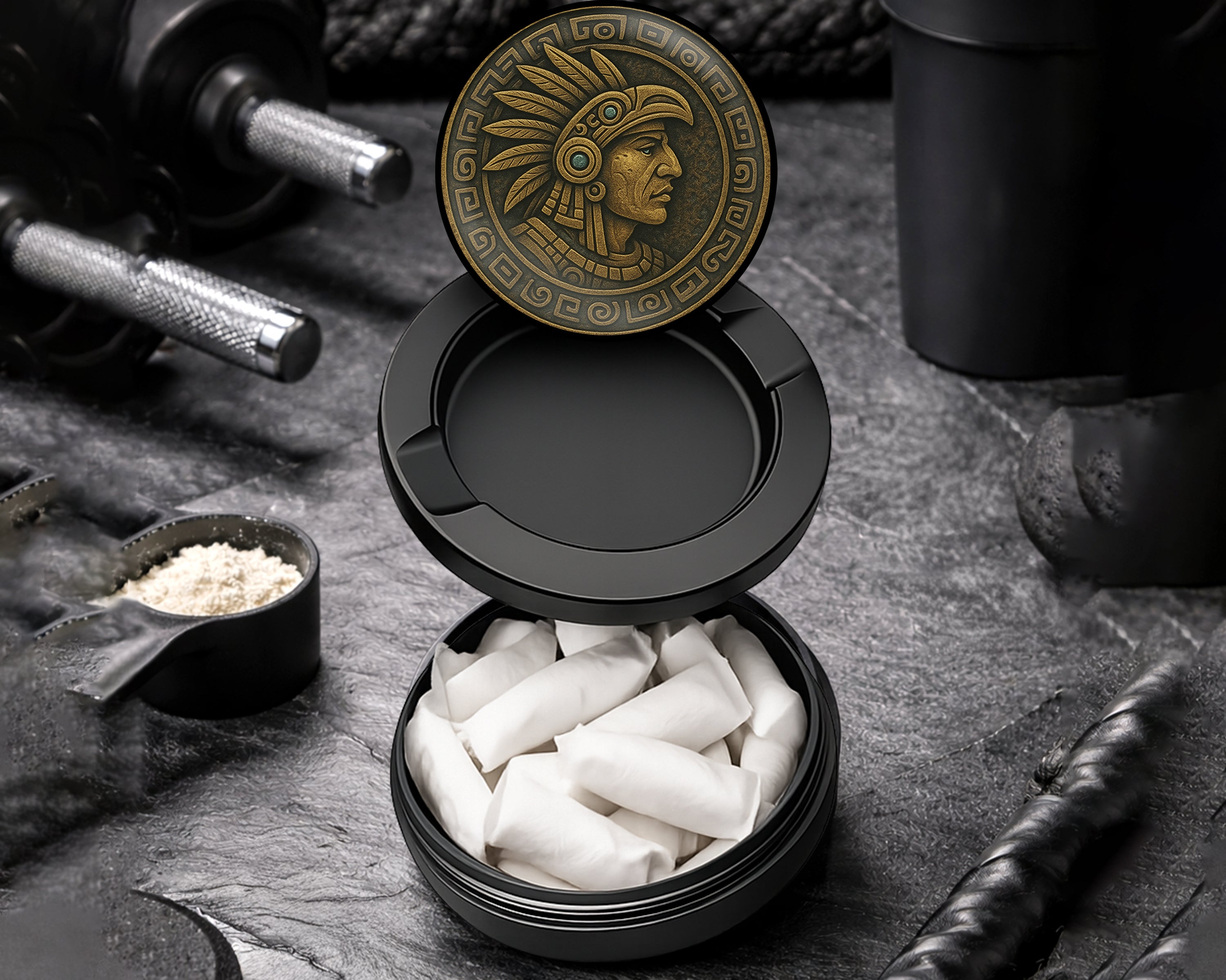 Snus Storage Case Ancient Mayan Warrior Medallion Art Black
