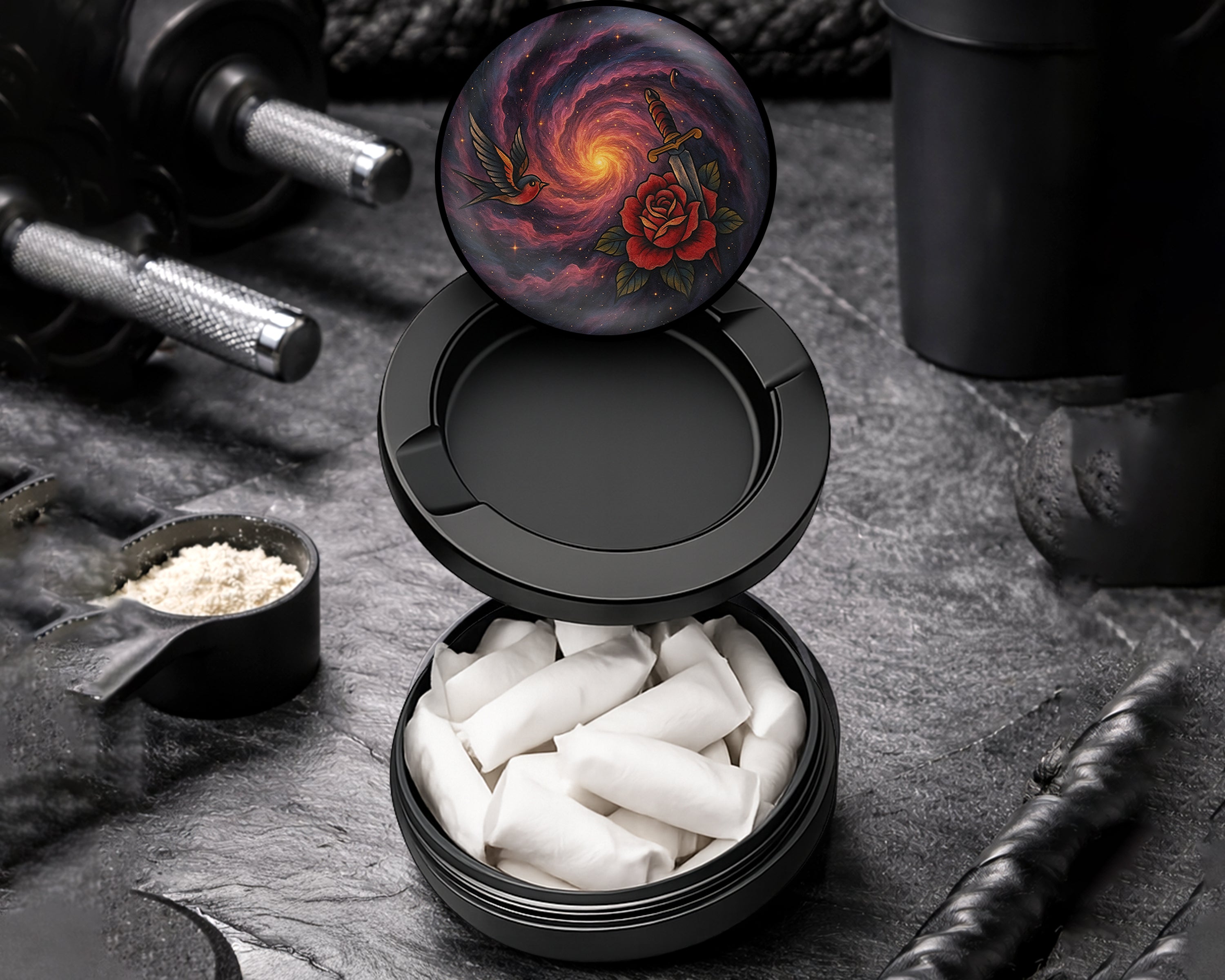 Snus Storage Case Black Hole Galaxy Spiral with Red Rose Black