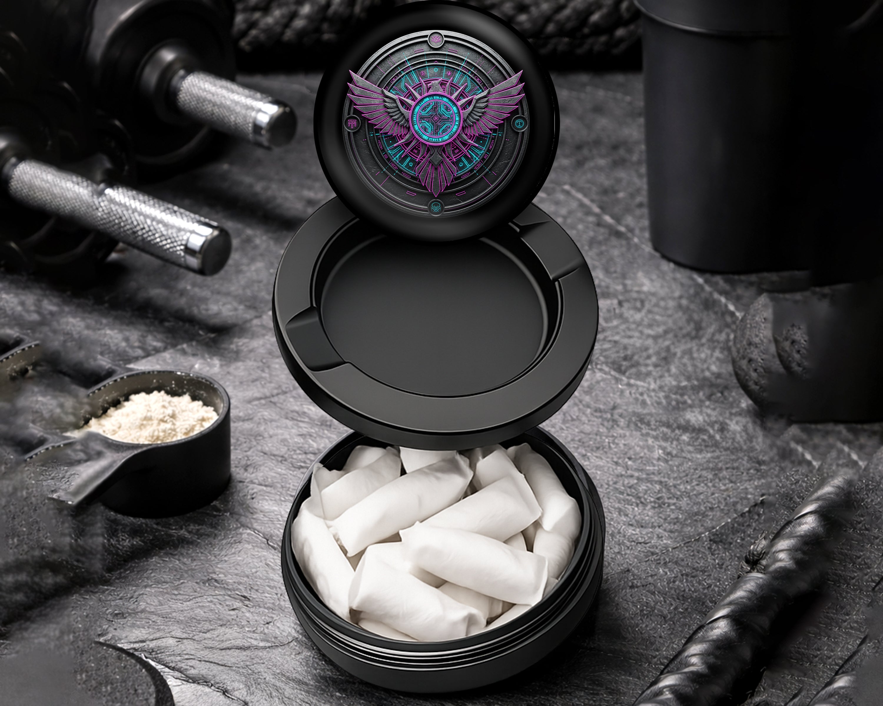 Snus Storage Case Cyberpunk Winged Circuit Emblem Black