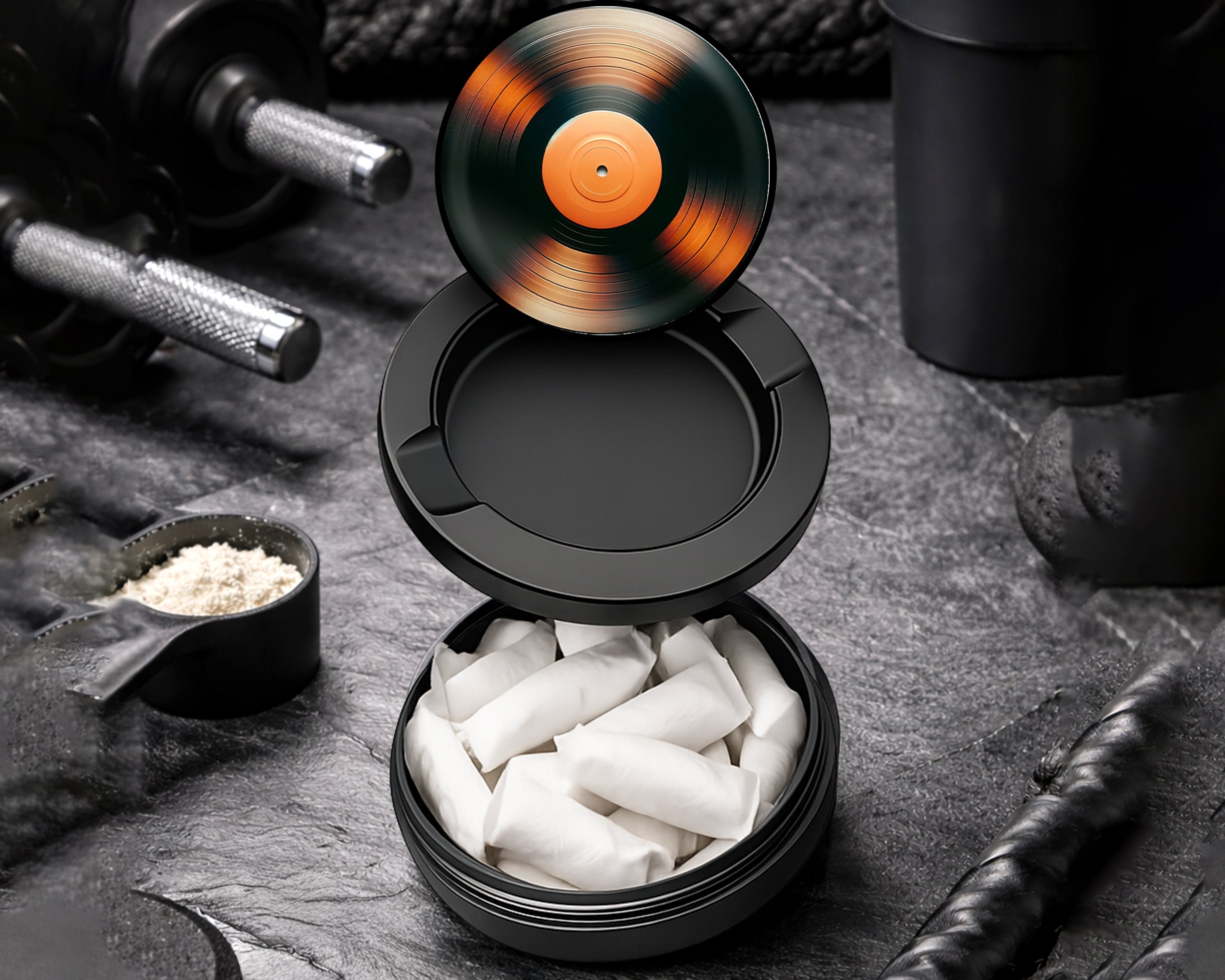Snus Storage Case Orange Vinyl Record Black