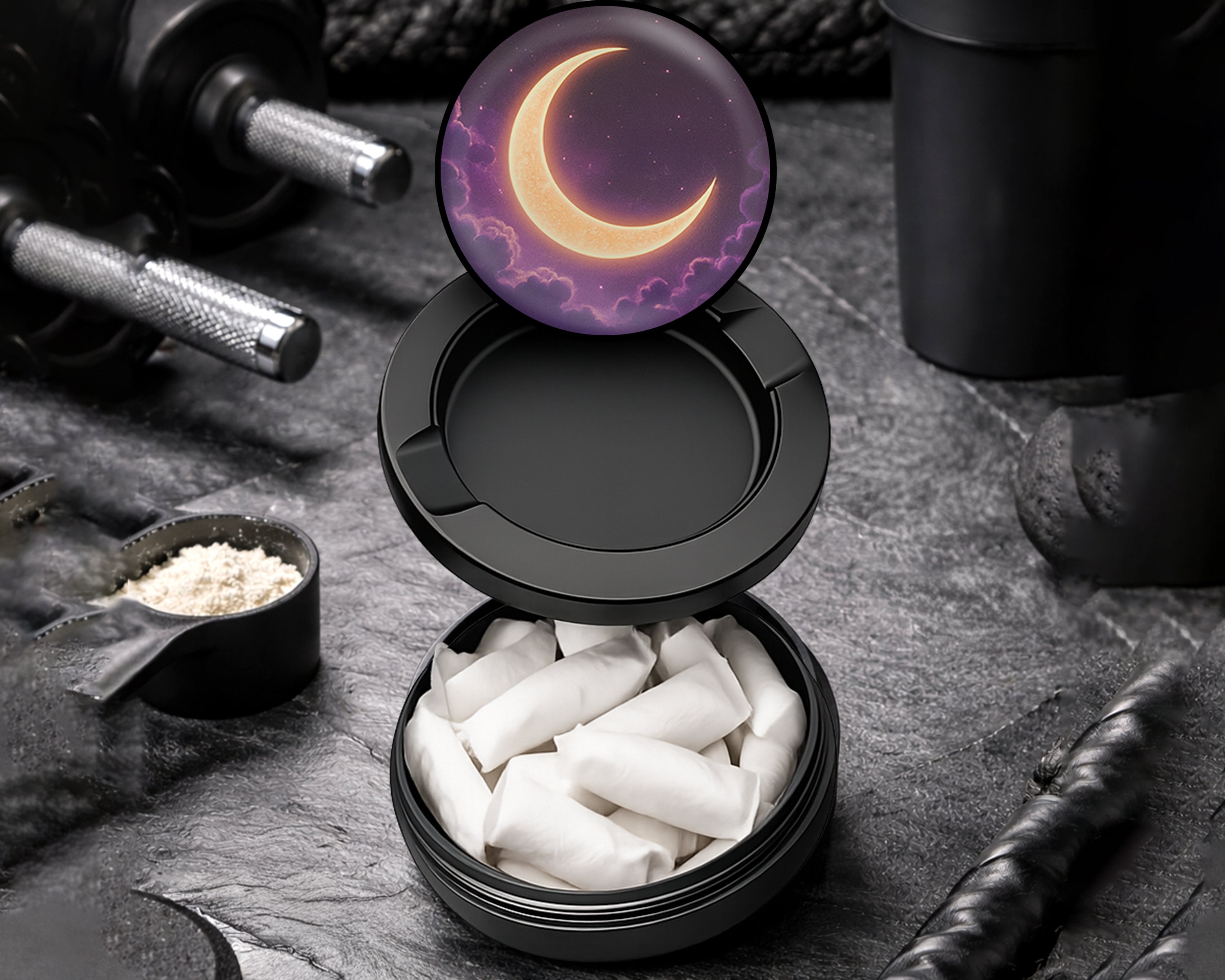 Snus Storage Case Crescent Moon in Dreamy Night Sky Black