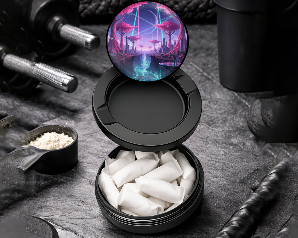Snus Storage Case Cyberpunk Neon City Sci-Fi Skyline Art Black