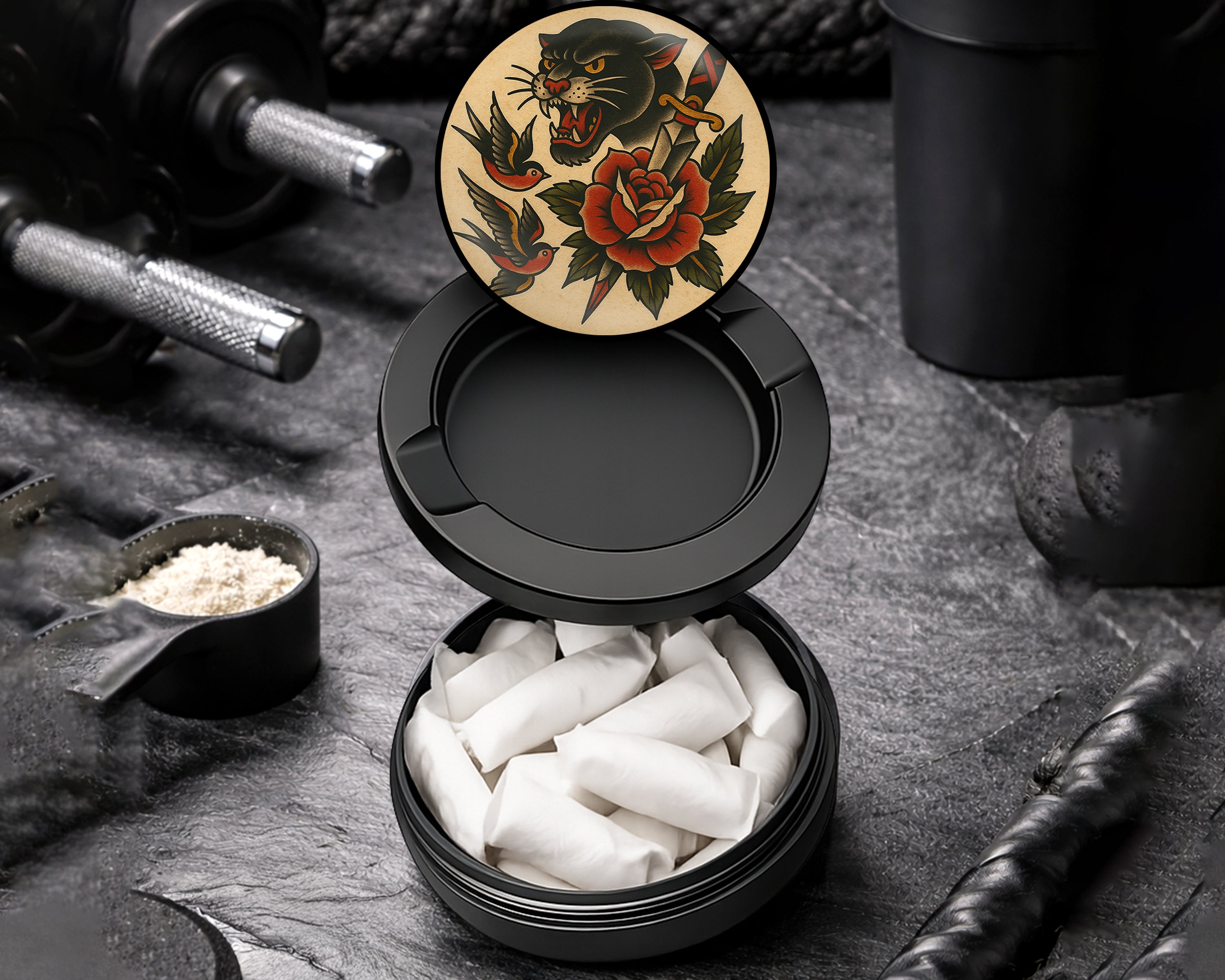 Snus Storage Case Classic Skull and Roses Flash Tattoo Design Black
