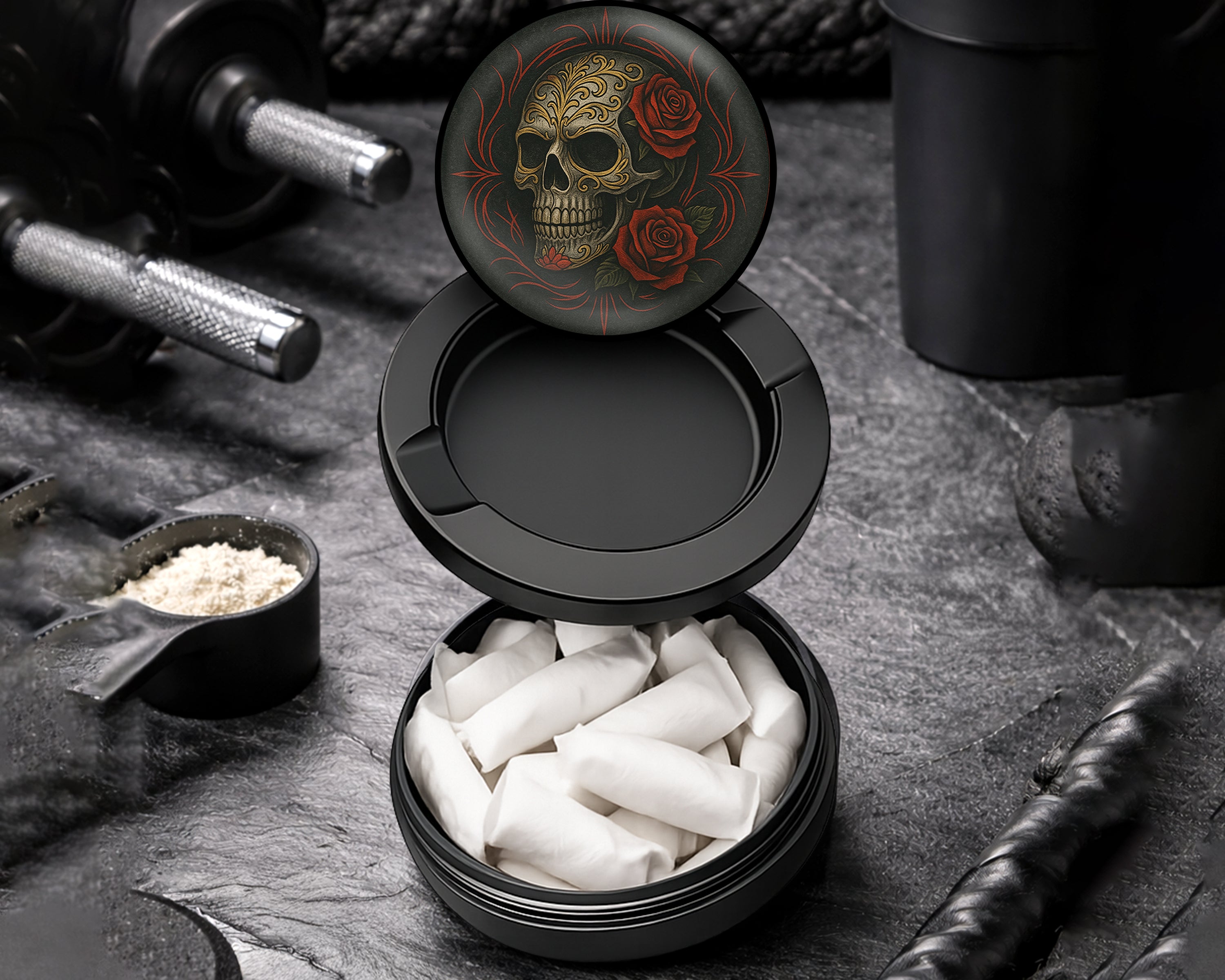 Snus Storage Case Dark Skull with Red Roses Gothic Ink Style Black