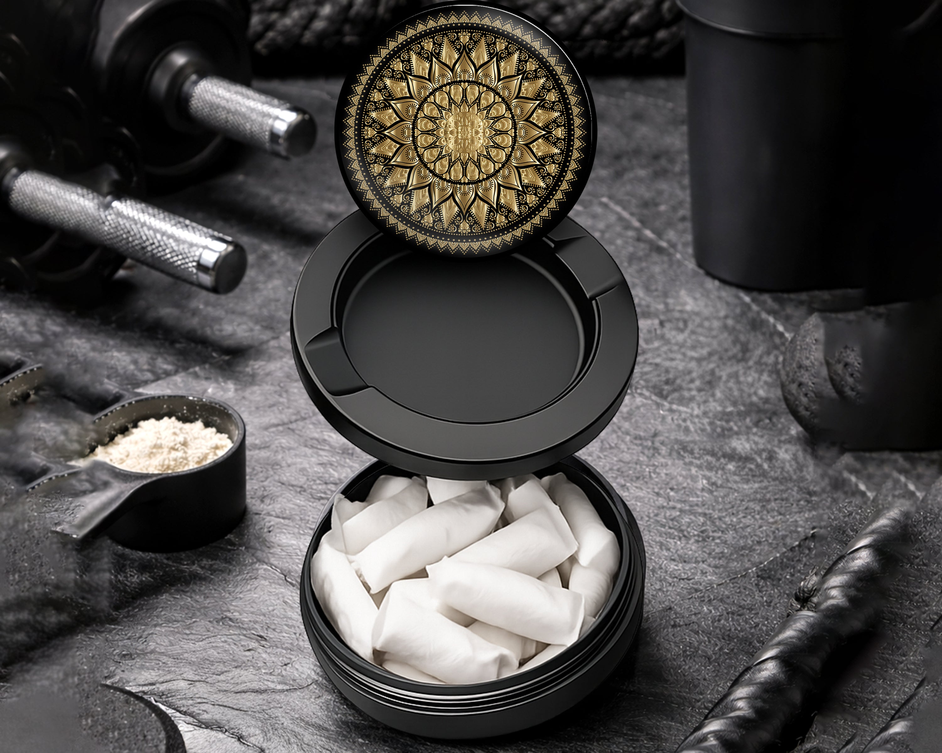 Snus Storage Case Mandala Grinder Black And Gold Black