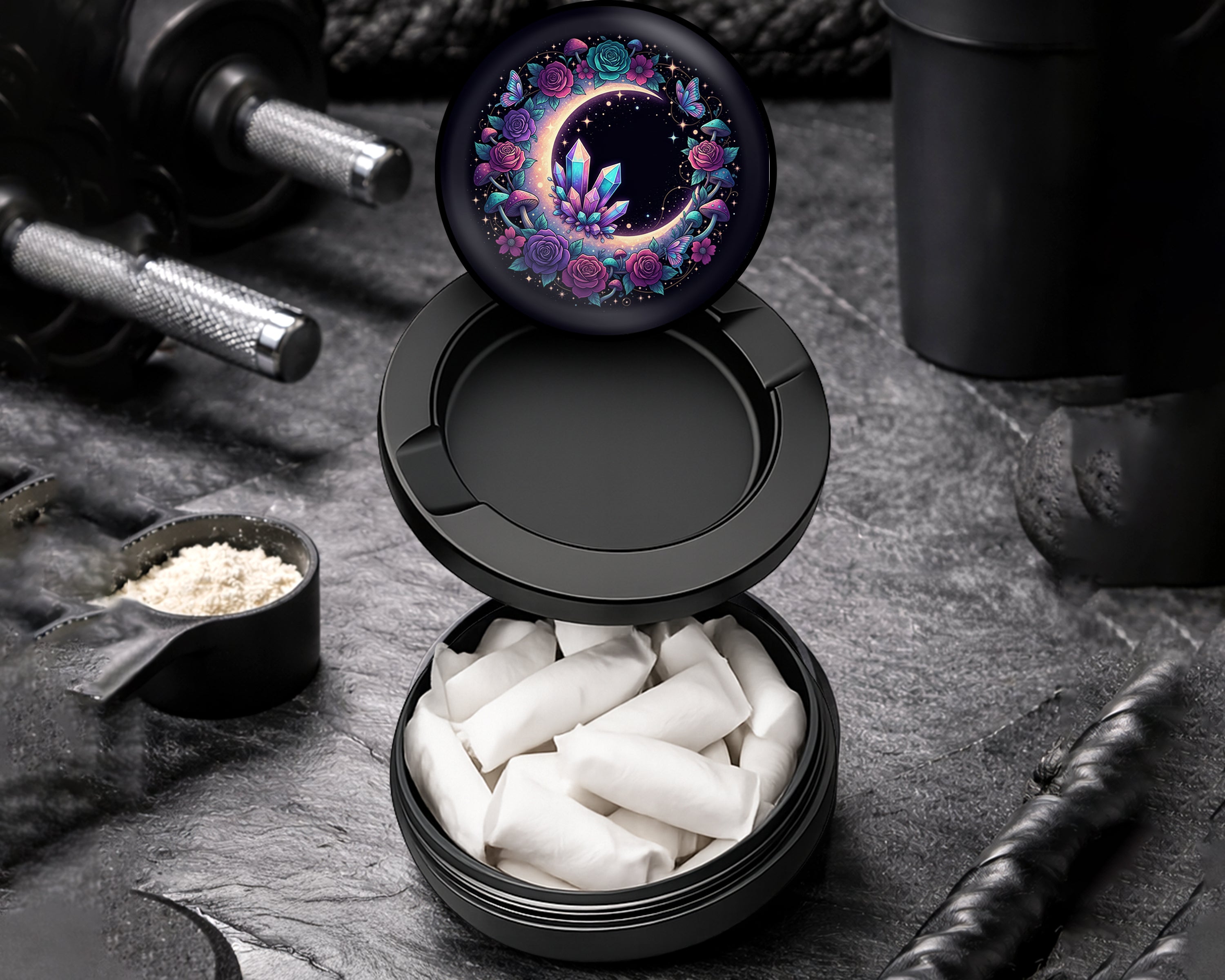 Snus Storage Case Floral Crescent Crystal Garden Black