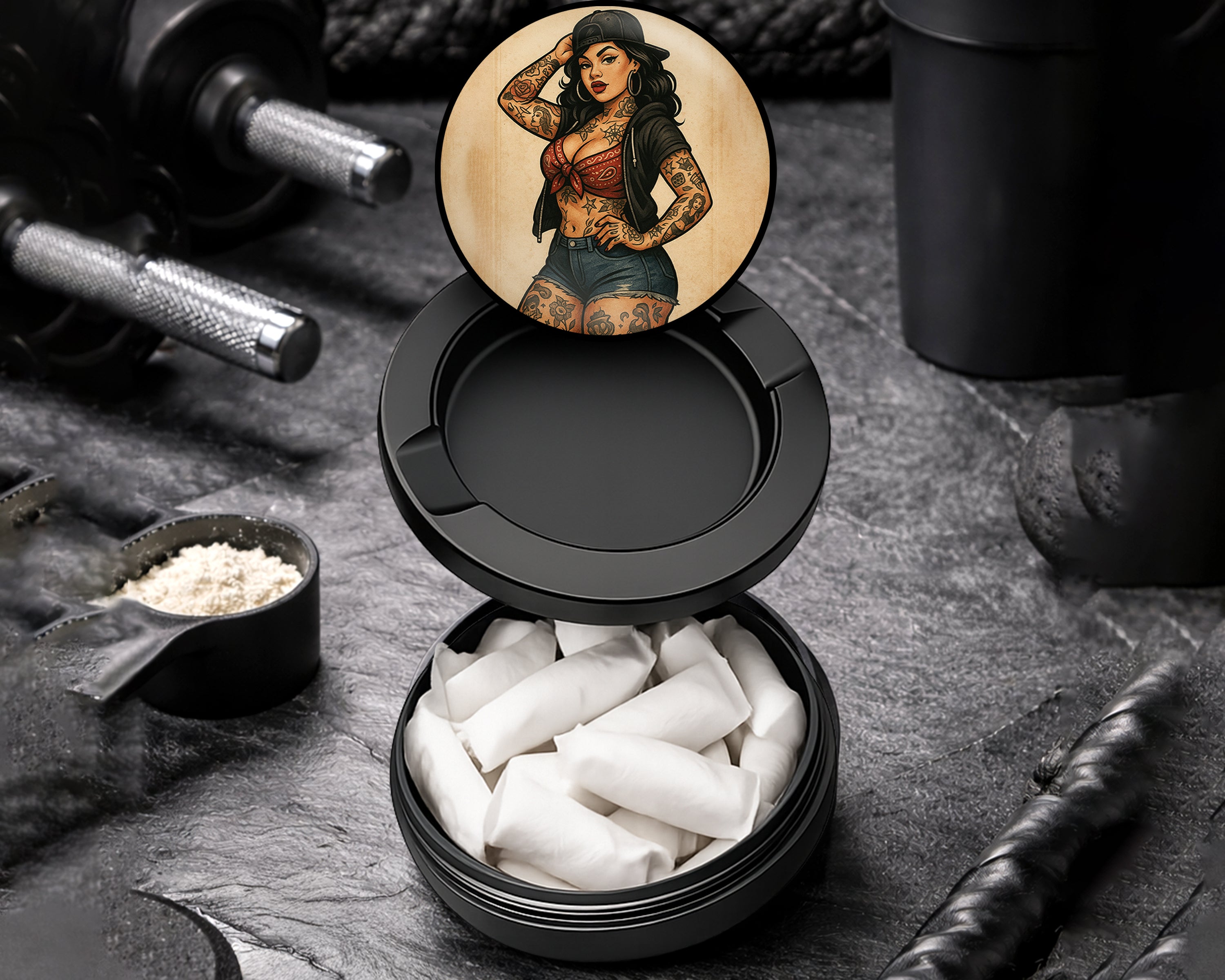 Snus Storage Case Pin-Up Girl with Tattoos Classic Rockabilly Style Black