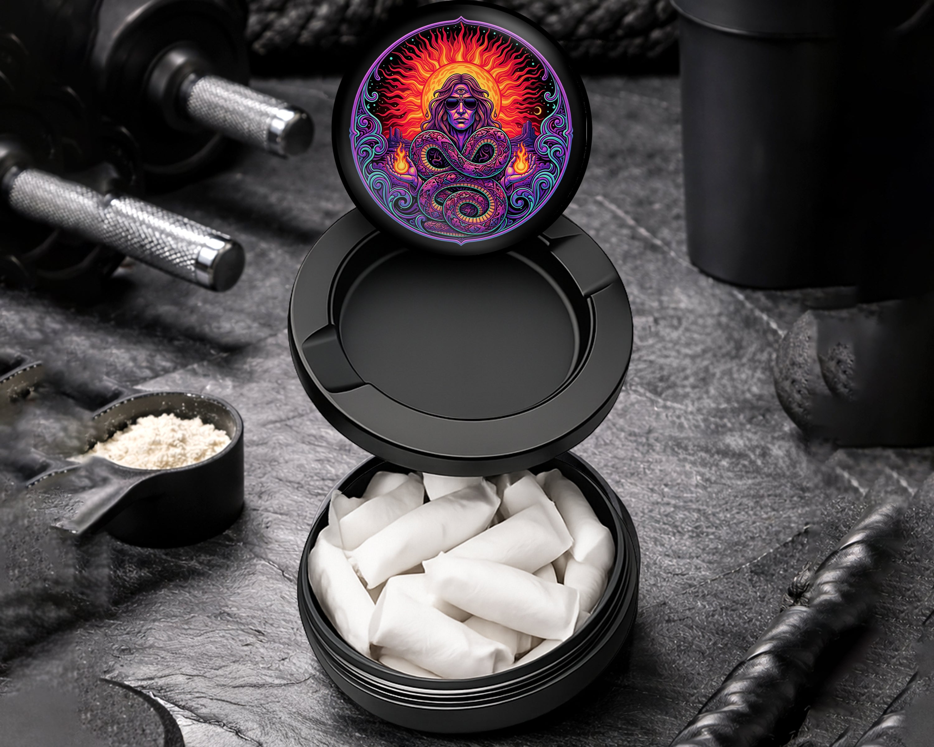 Snus Storage Case Psychedelic Serpent Sun Shaman Black