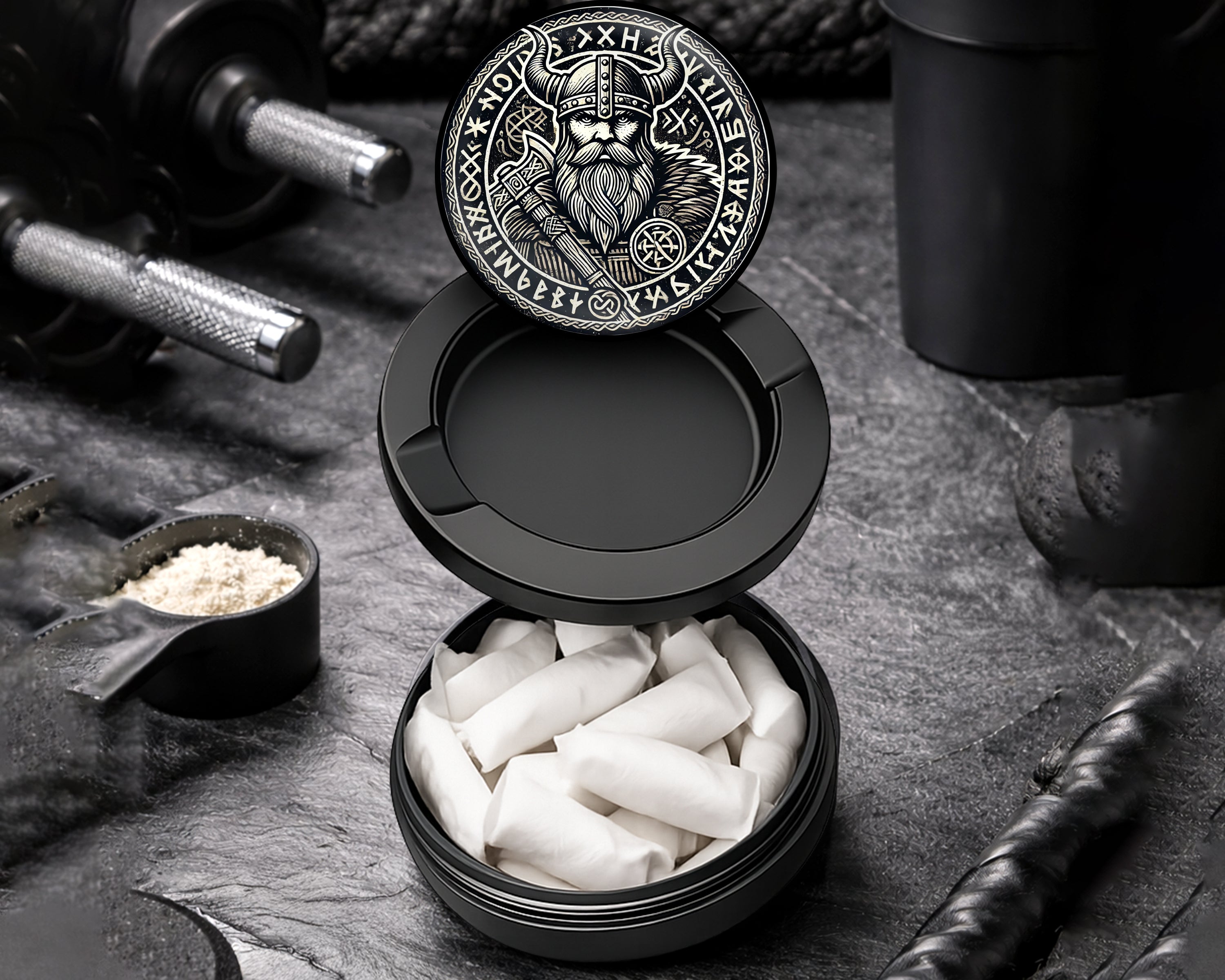 Snus Storage Case Viking Warrior Axe and Runes Black