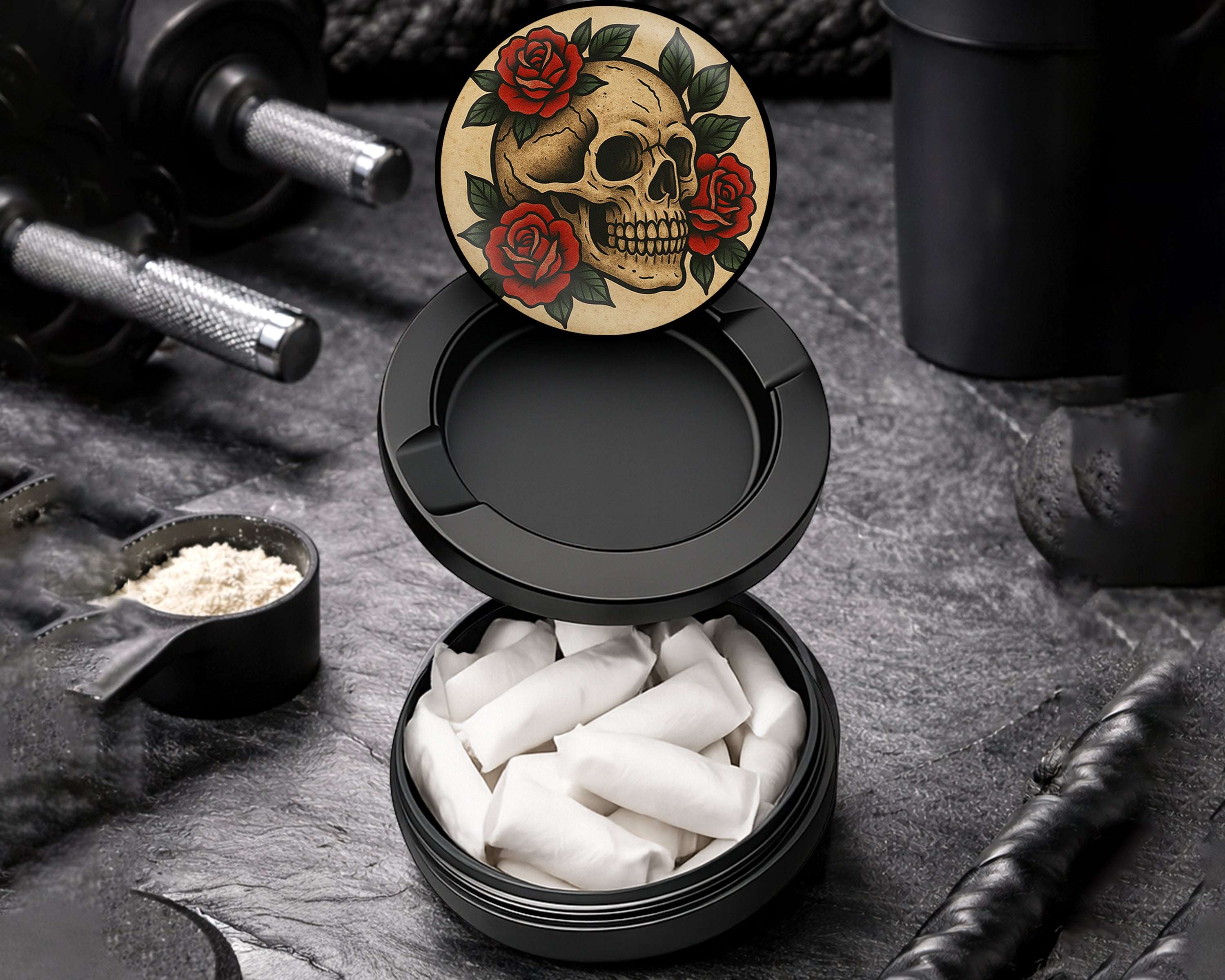 Snus Storage Case Skull with Red Roses Tattoo Flash Style Black