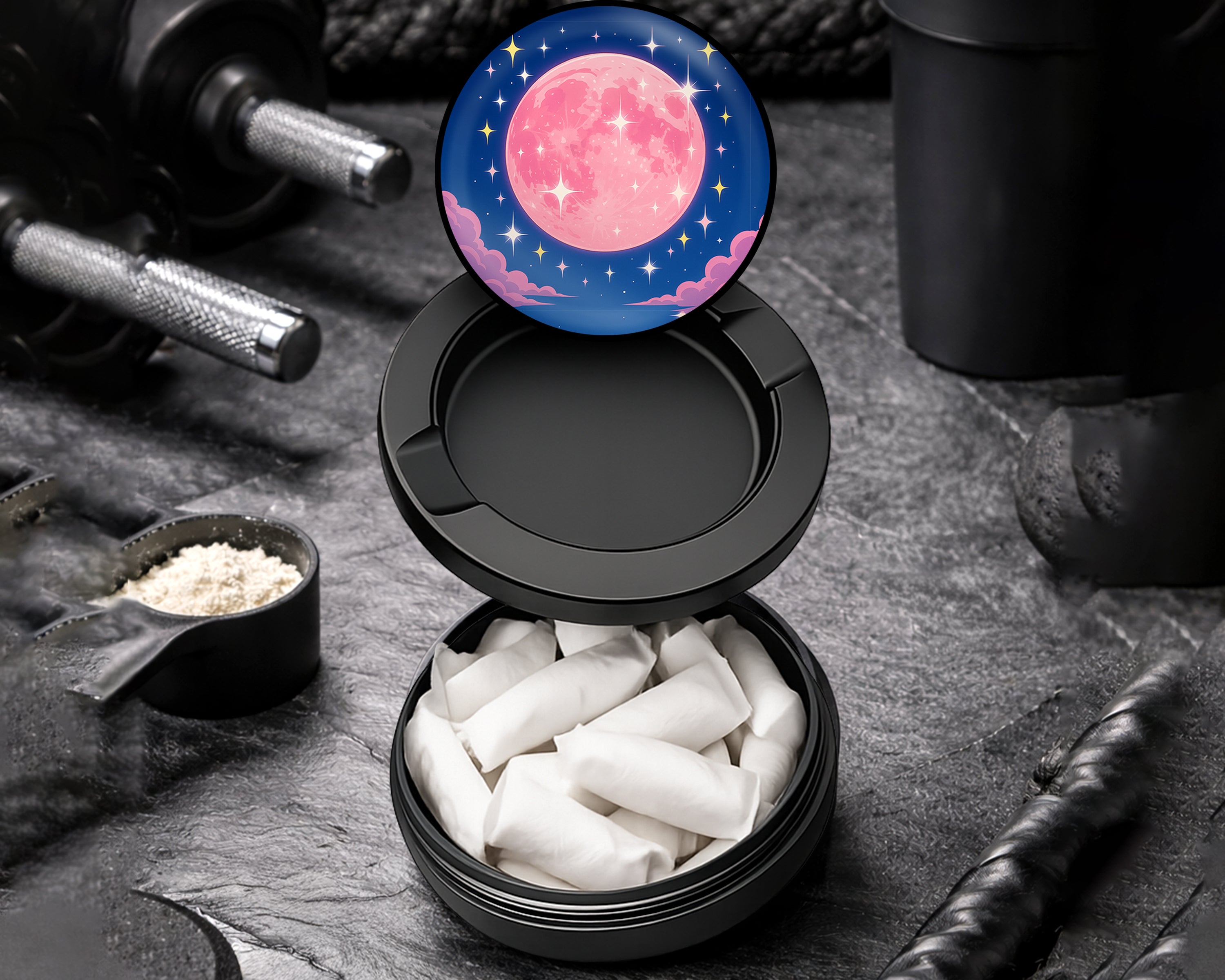 Snus Storage Case Pink Kawaii Crescent Moon with Stars Black