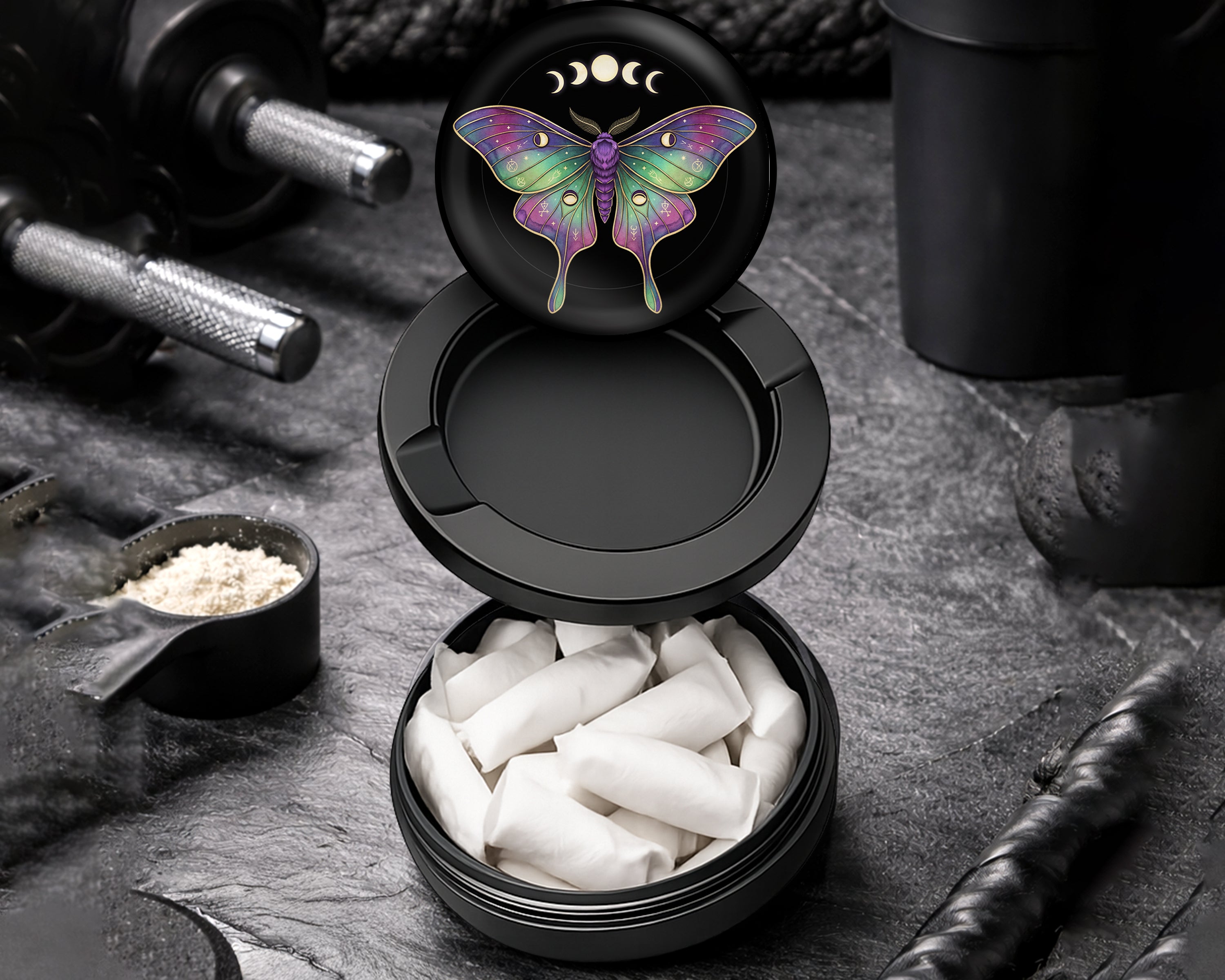 Snus Storage Case Lunar Phases Cosmic Moth Black