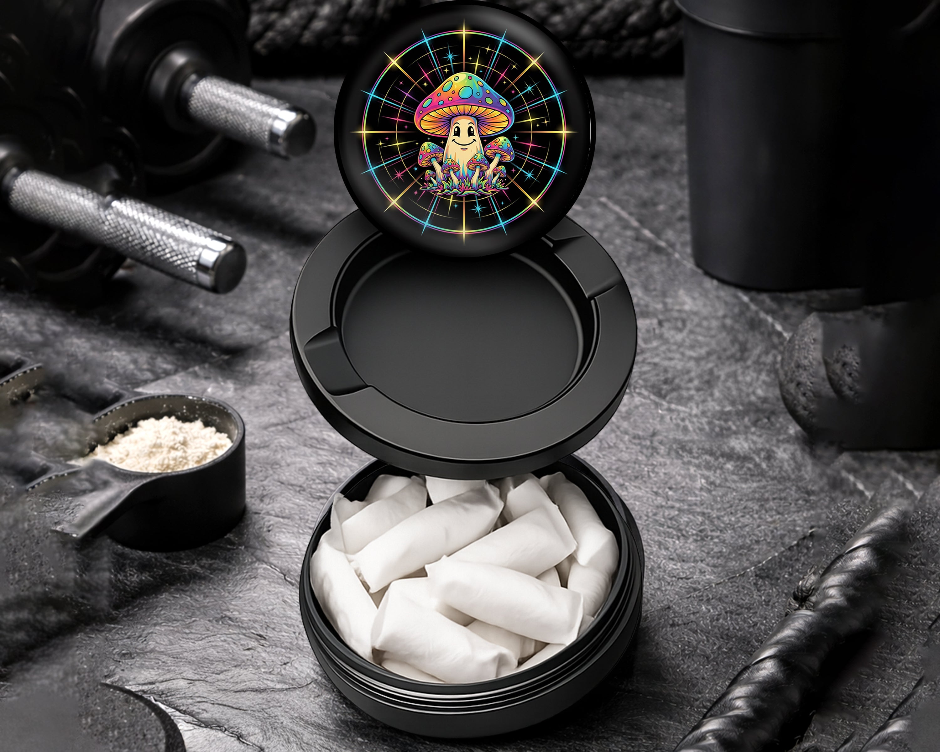 Snus Storage Case Trippy Rainbow Mushroom Crew Black