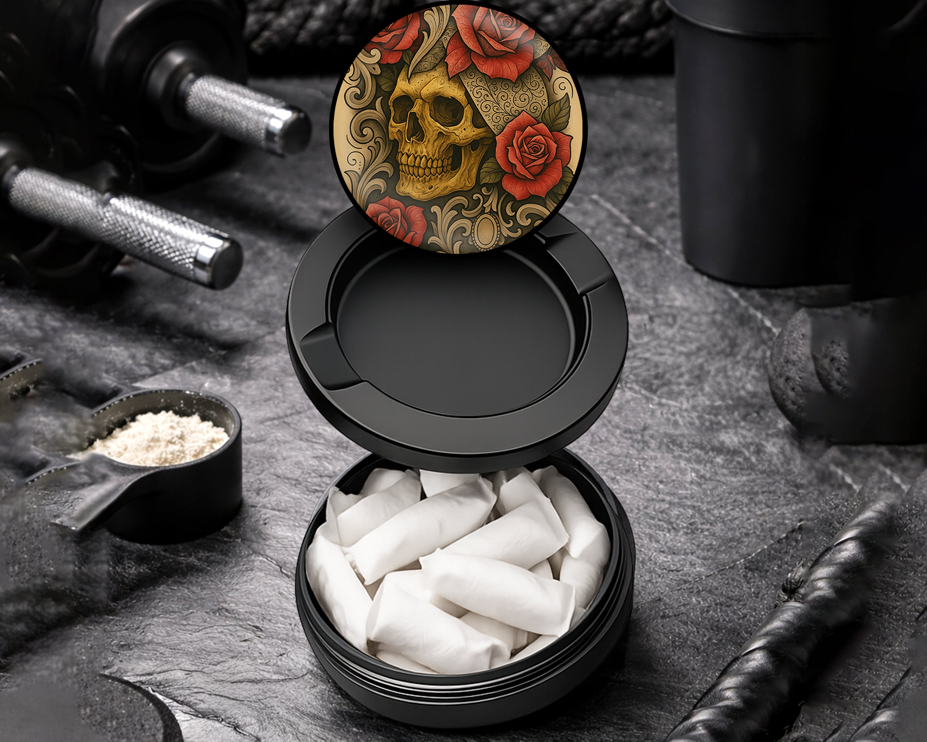 Snus Storage Case Grunge Skull and Rose Flash Art Circle Design Black