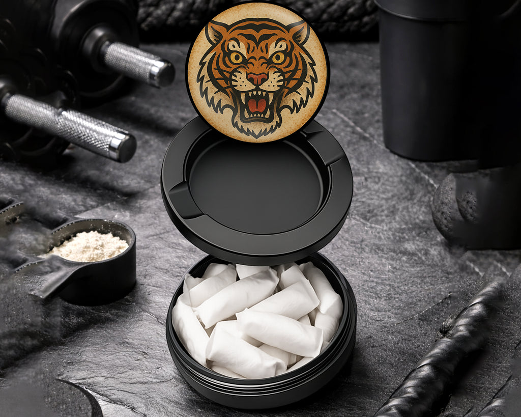 Snus Storage Case Vintage Fierce Tiger Head Traditional Tattoo Design Black