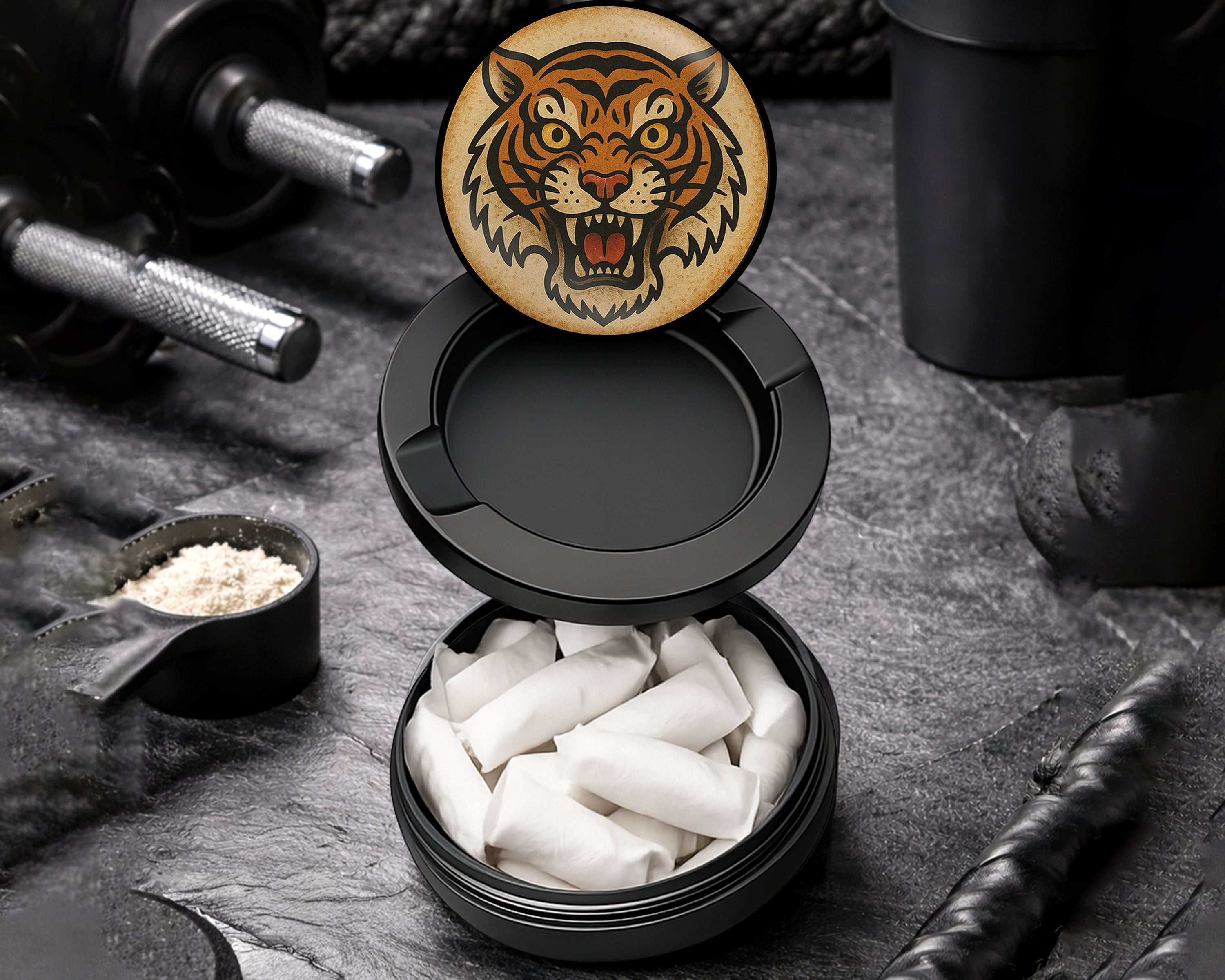 Snus Storage Case Vintage Fierce Tiger Head Traditional Tattoo Design Black