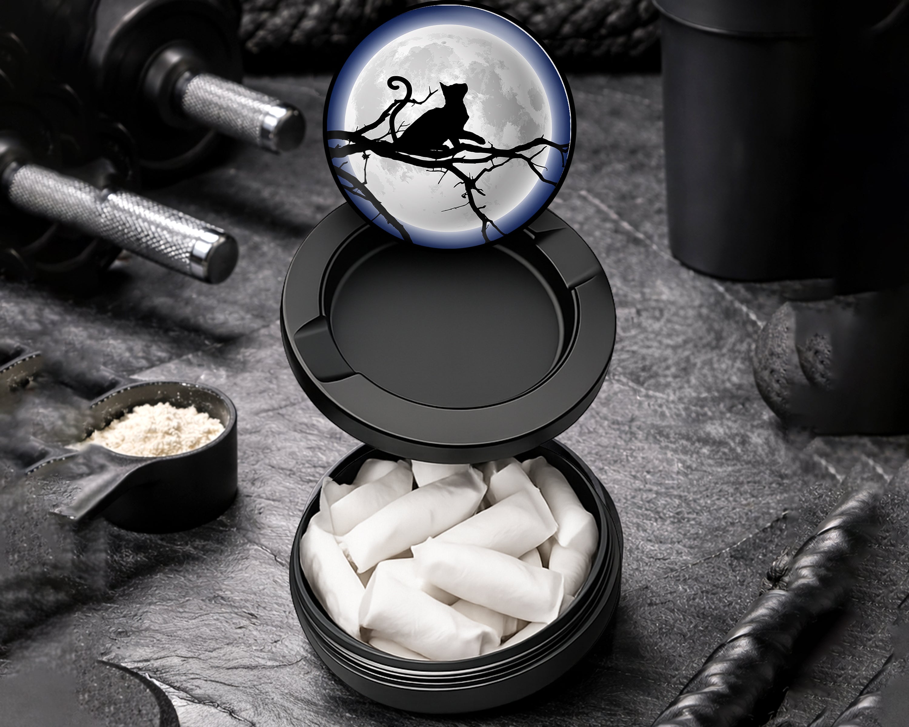 Snus Storage Case Cat With Full Moon Grinder Black