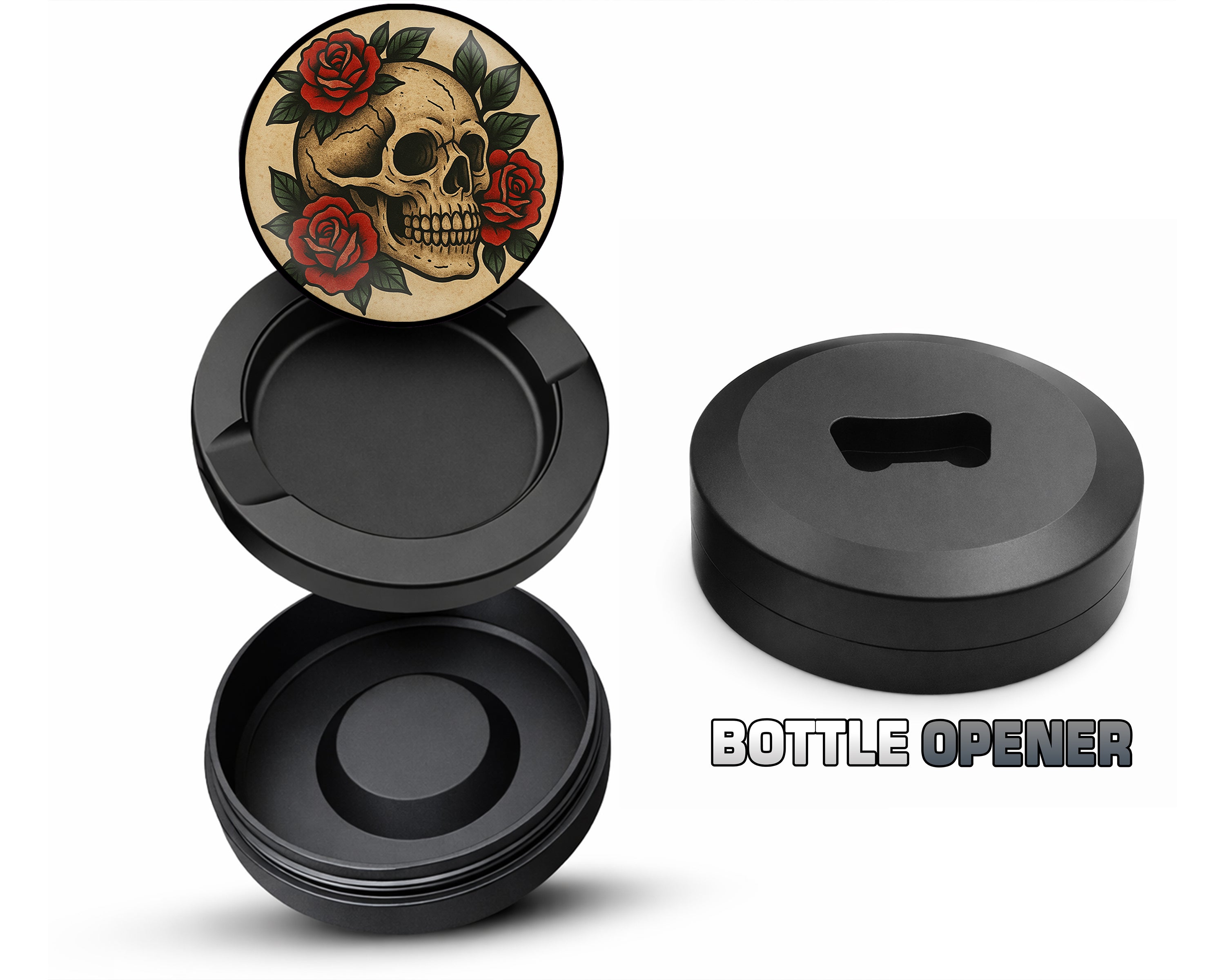 Skull with Red Roses Tattoo Flash Style Snus Storage Case Bottle Opener